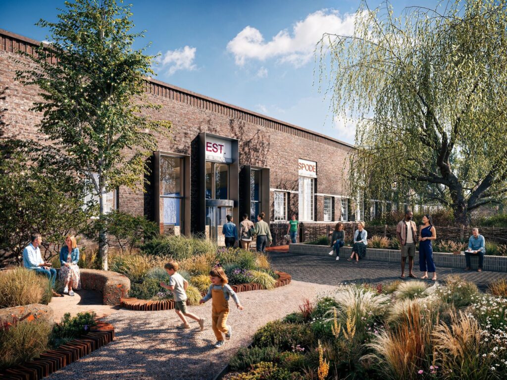 CGI image of a single-storey brick building with borders planted with lots of flowers and children playing