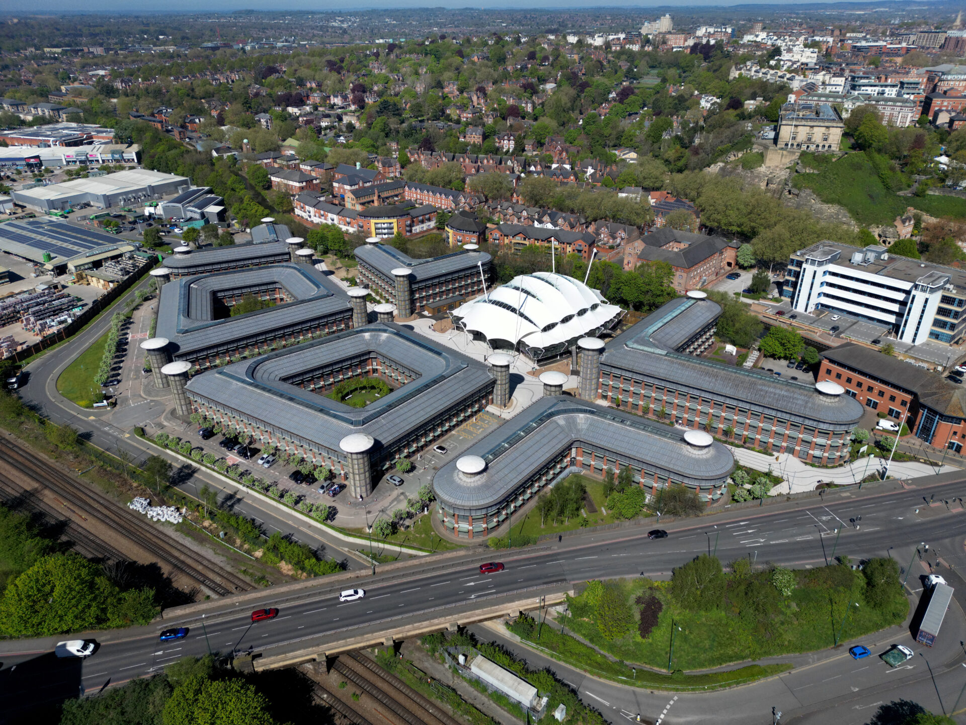 Aerial view of a series of buildings at the Castle Meadows Campus in Nottingham city centre