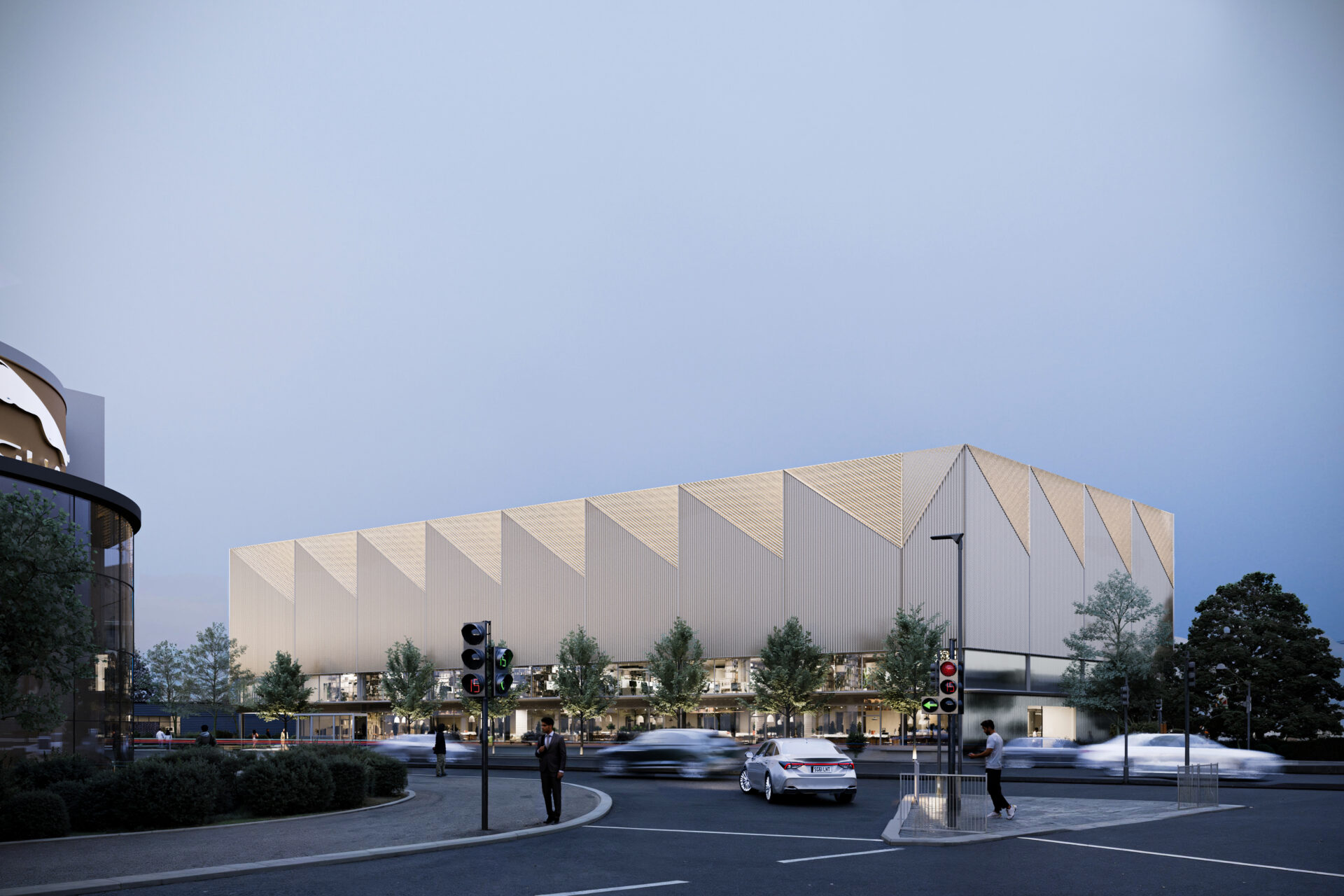 CGI of Compound's new self-storage led-facility in Guildford located on a busy main road with traffic lights