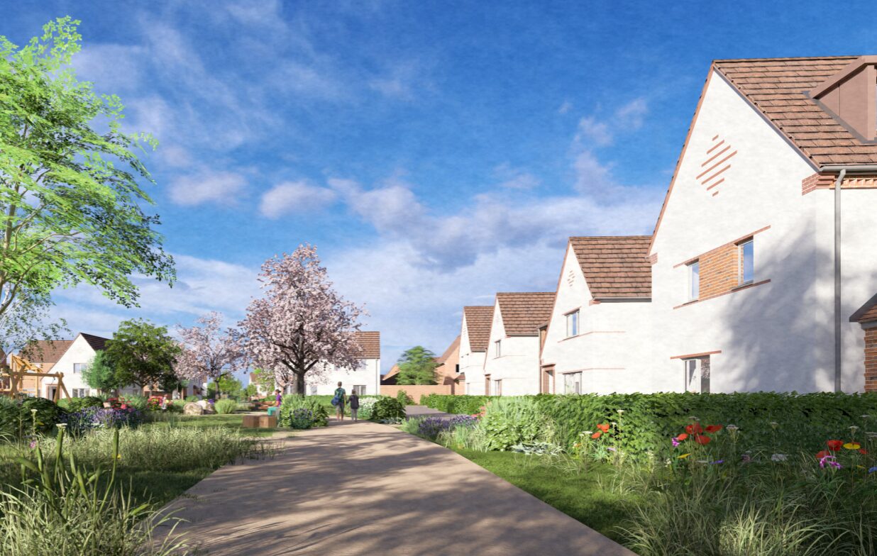 CGI image featuring a series of white houses with a wide footpath lined with trees and other greenery