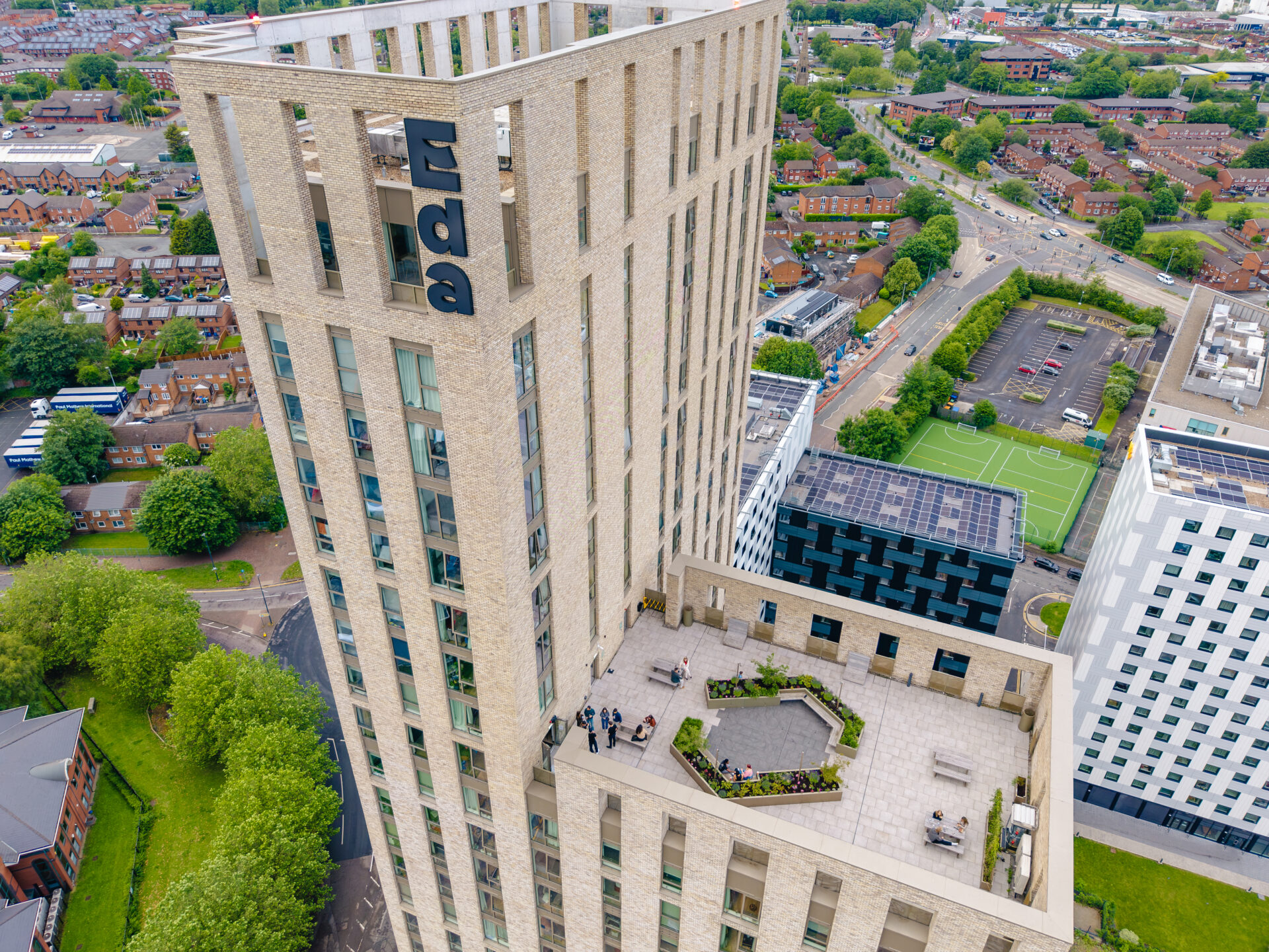 Exterior picture of a large BTR tower in Salford with smaller tower alongside