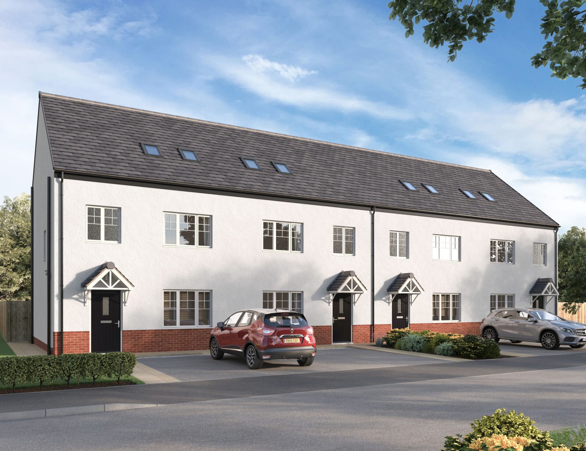 CGI of new PRS homes being built by Avant Homes for Thriving Investments. The white, brick built terraced buildings have parking out front