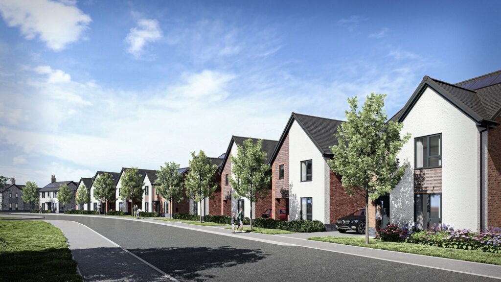 CGI of a new housing development with a road running in front of a row of houses