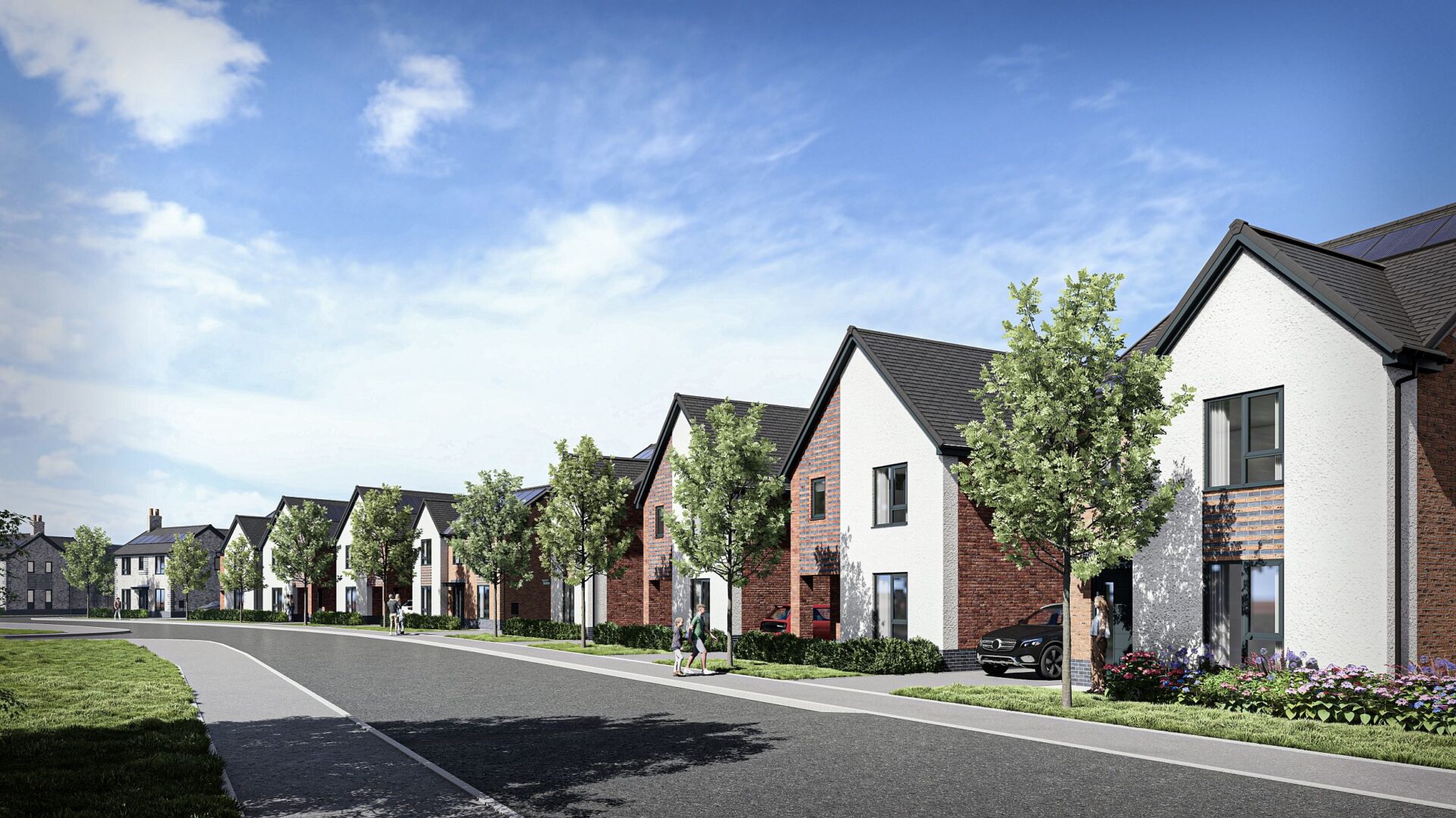 CGI of a new housing development with a road running in front of a row of houses