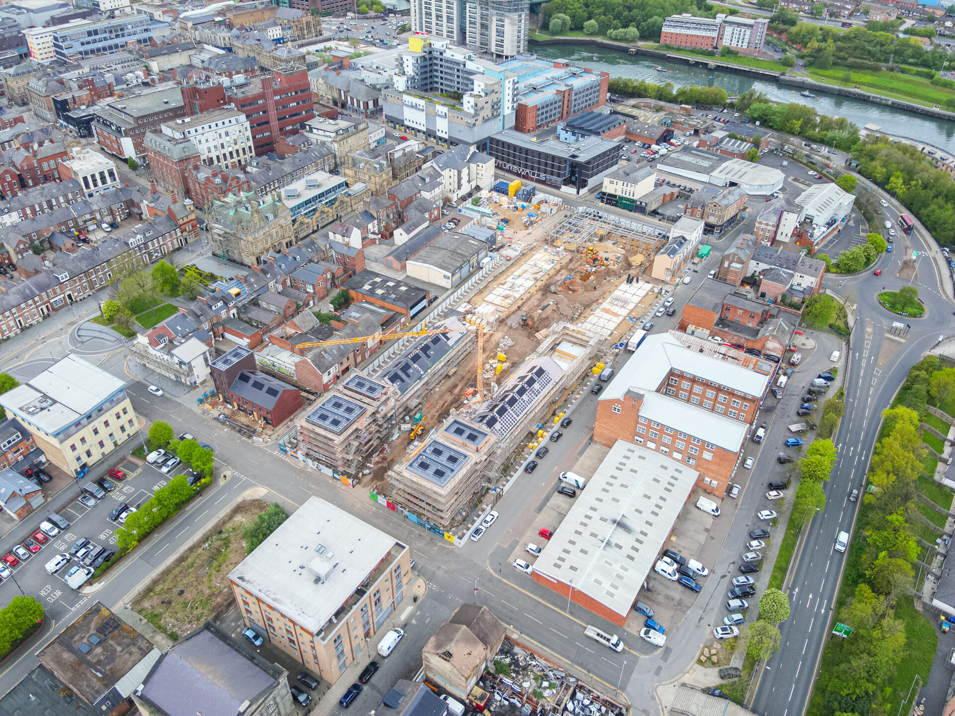 Aerial view of the Sunniside area with a construction site in the middle of lots of houses