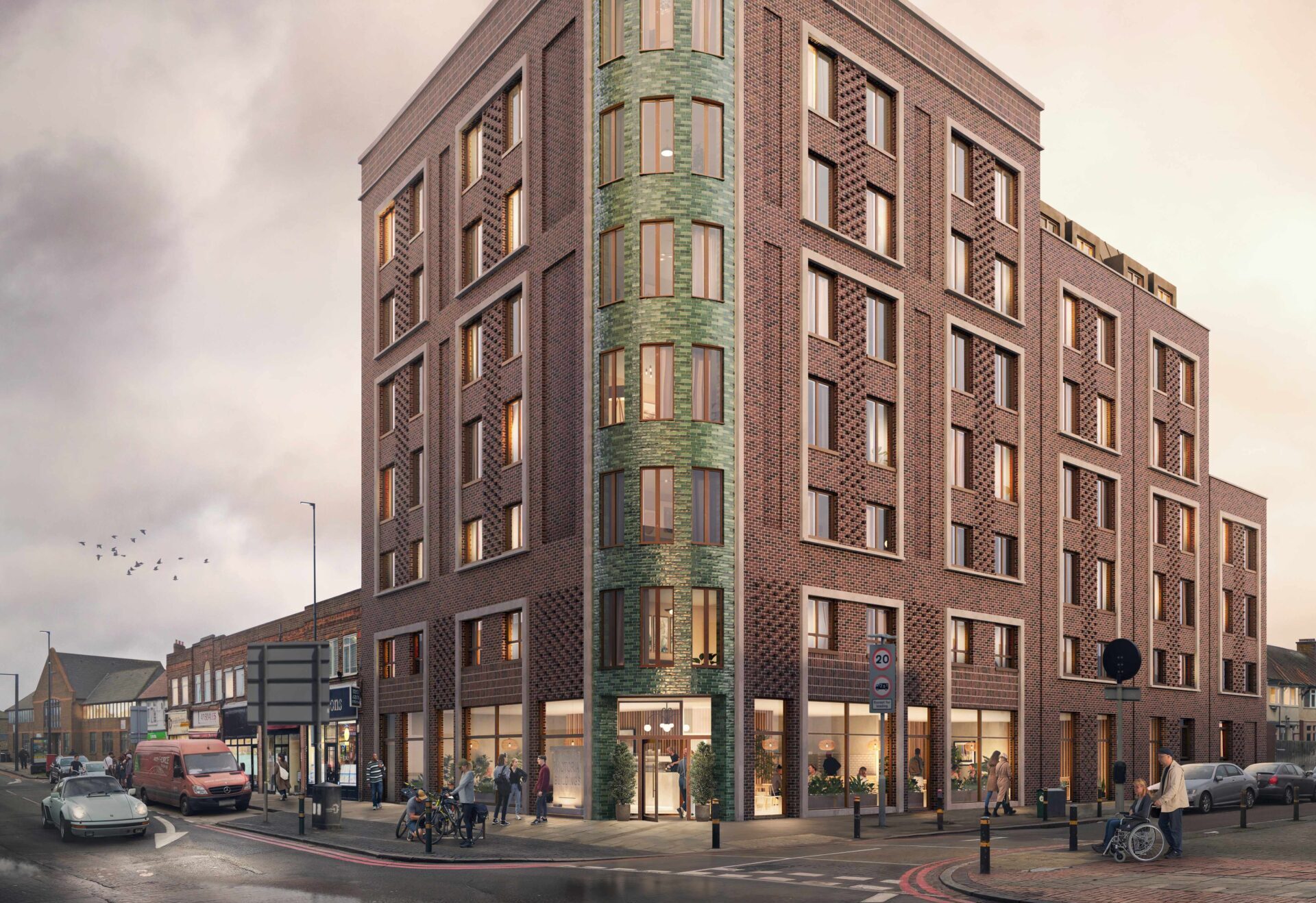 CGI of a modern looking building located on a corner site in Morden