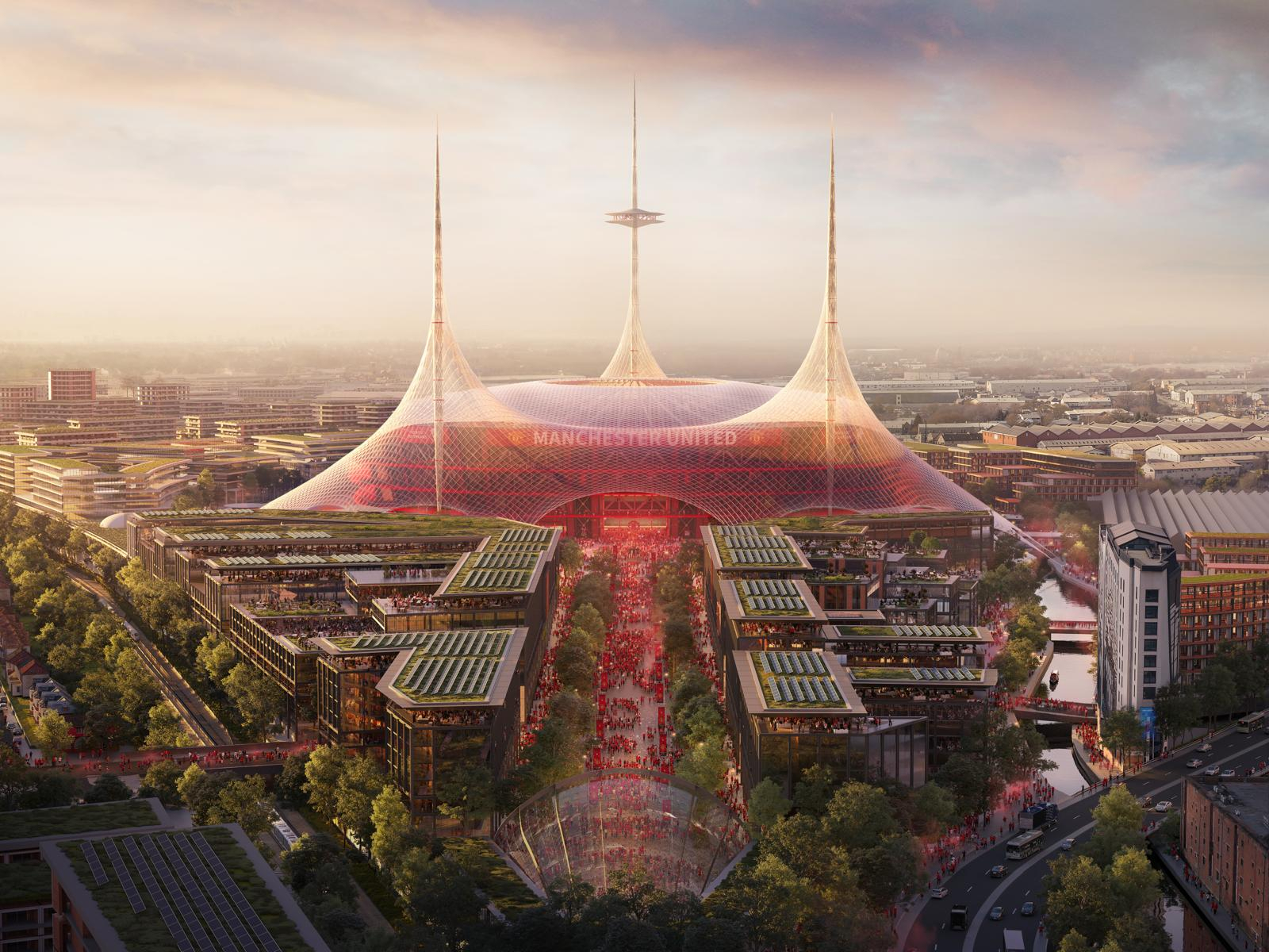 A CGI image of Manchester United's new stadium featuring rising spires surrounded by new homes