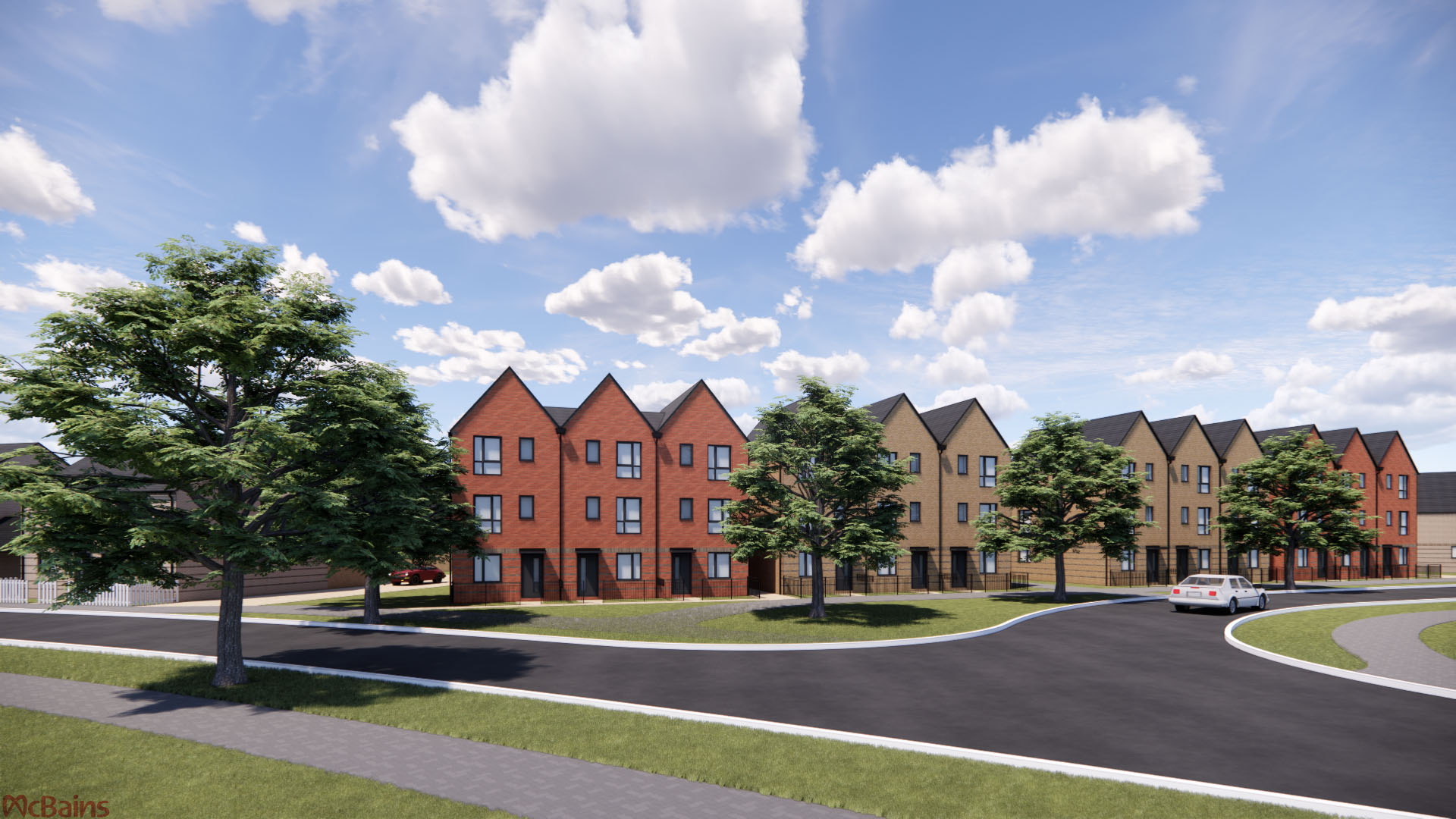 CGI of a new housing development with green space and a road in front of the row of houses