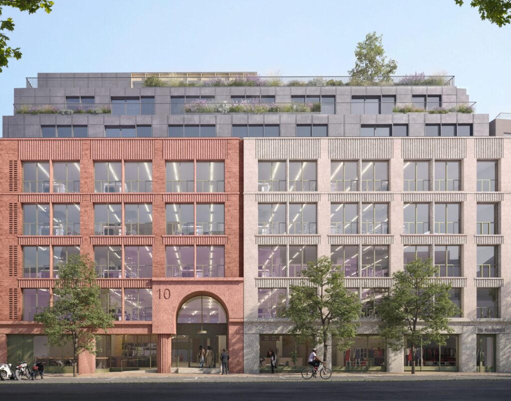 CGI of a multi-storey building in London's Soho. One half of the building is dark brick and the other half is made from lighter brick with a grey roof extension above
