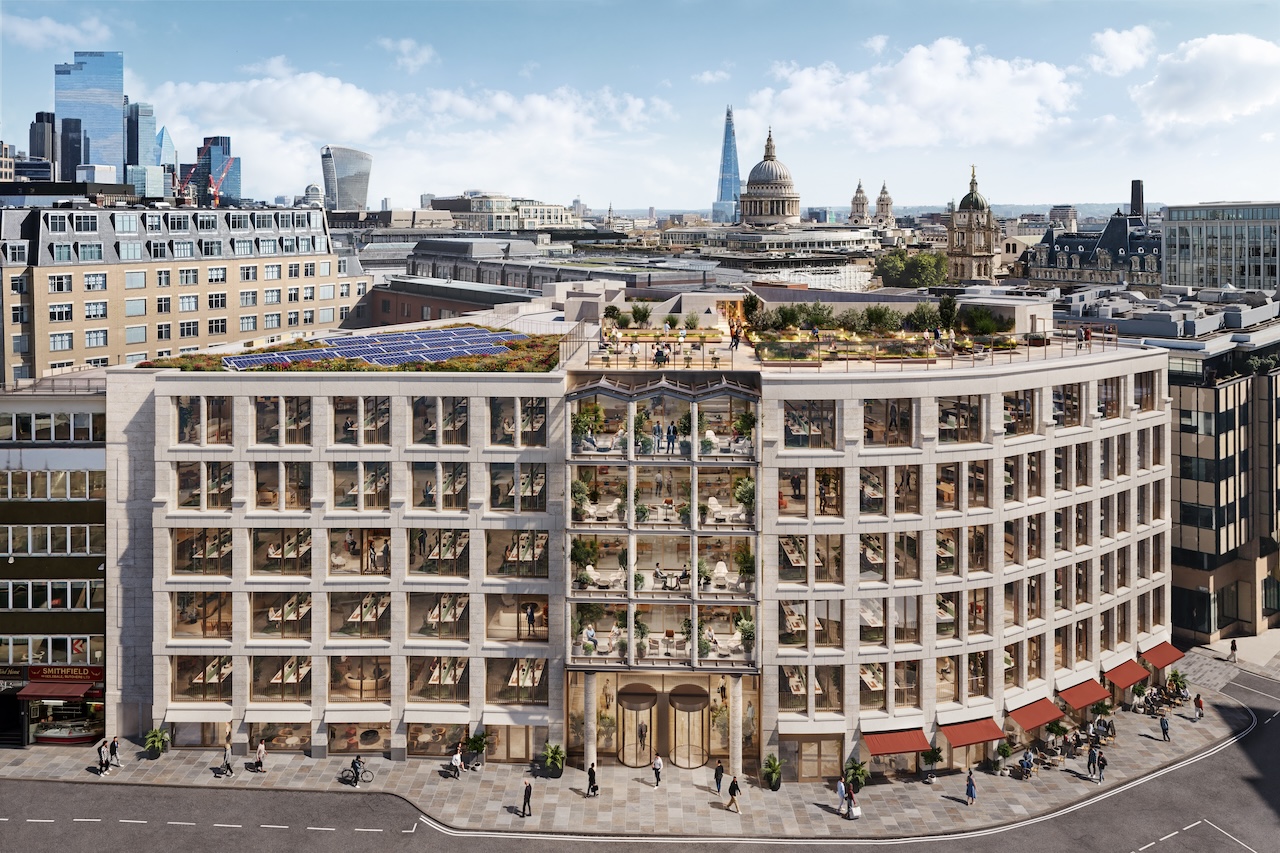 CGI of the exterior of an office building in the City of London with St Paul's Cathedral in the background