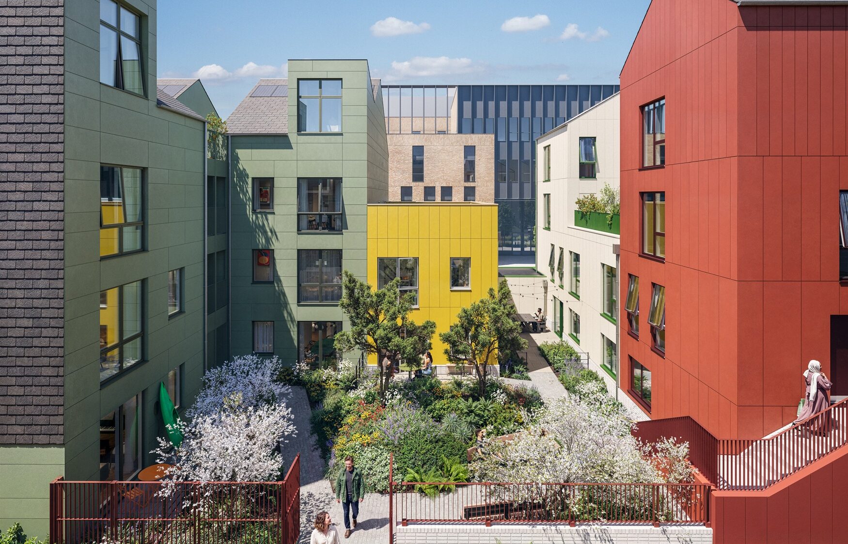 CGI of a series of different coloured residential buildings with a garden in the middle