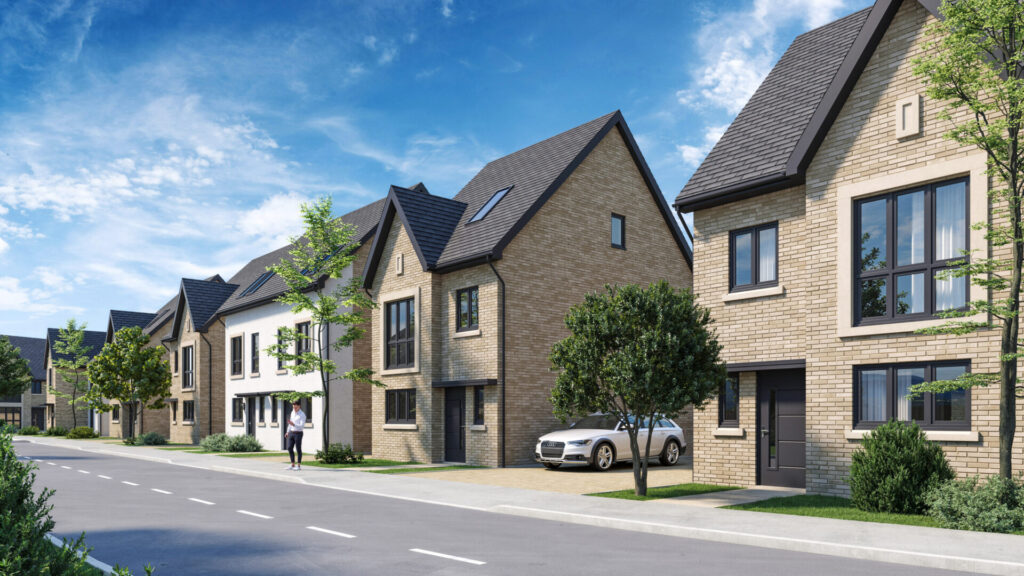 CGI of a row of modern houses with a road running in front