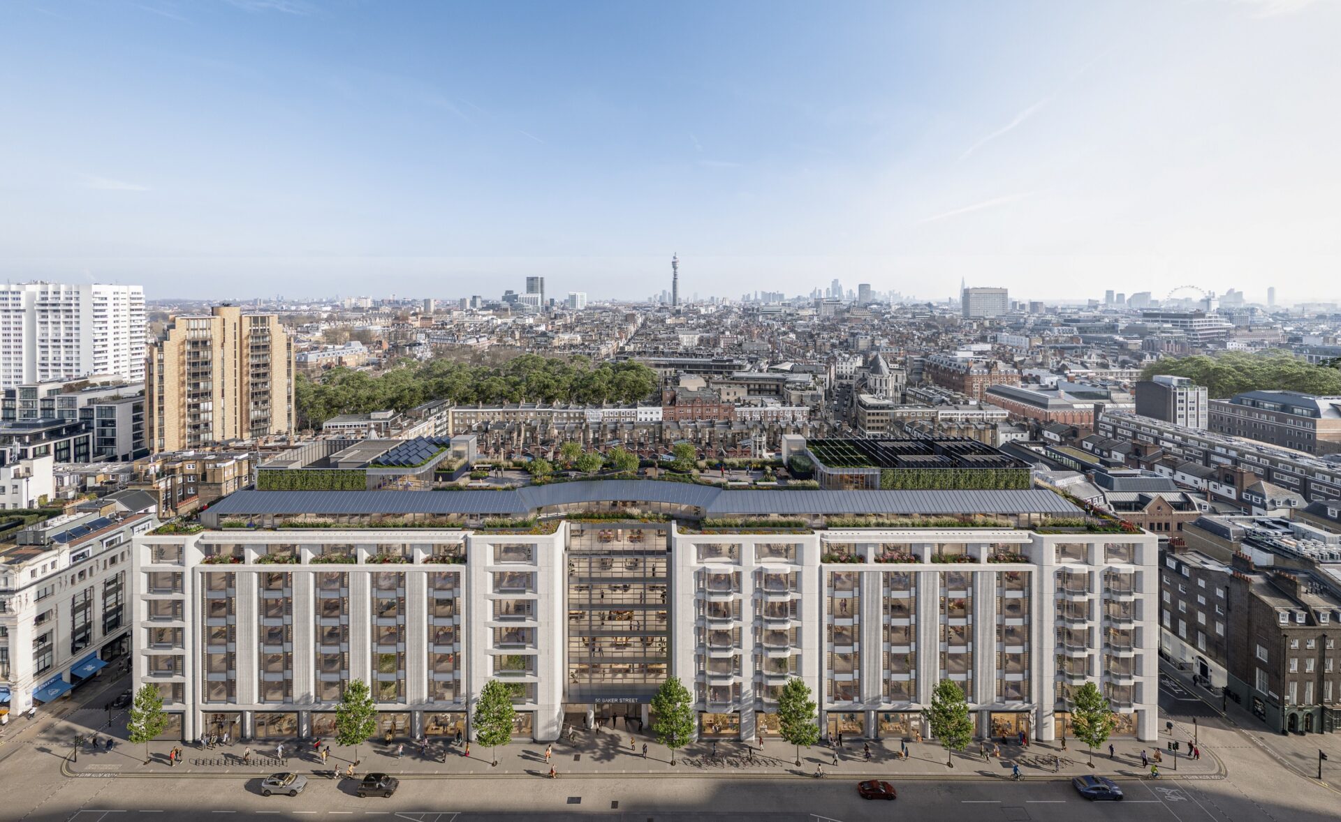 CGI of a modern office building with the London skyline behind