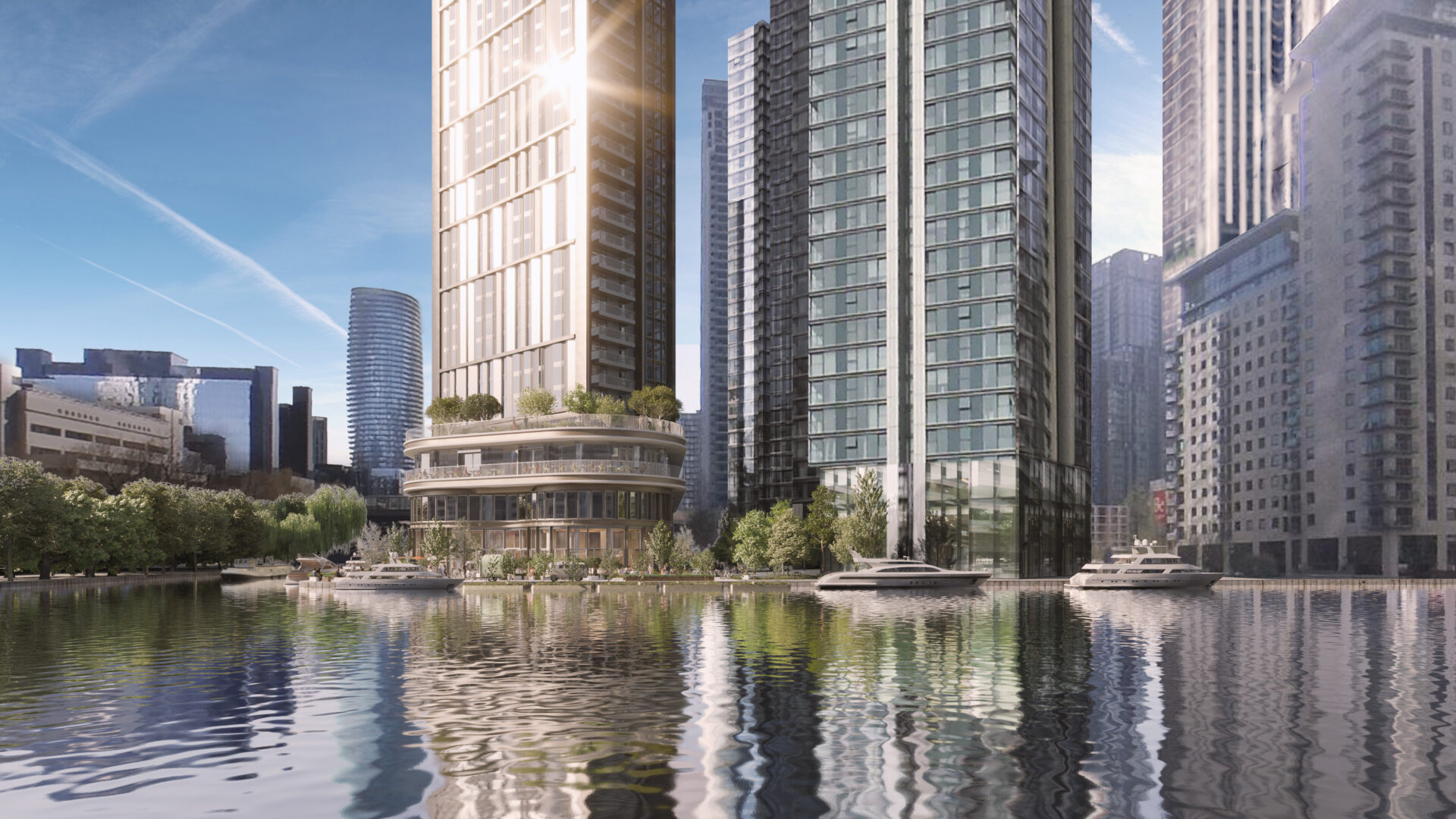 CGI image of modern high-rise buildings with a large pool of water in front