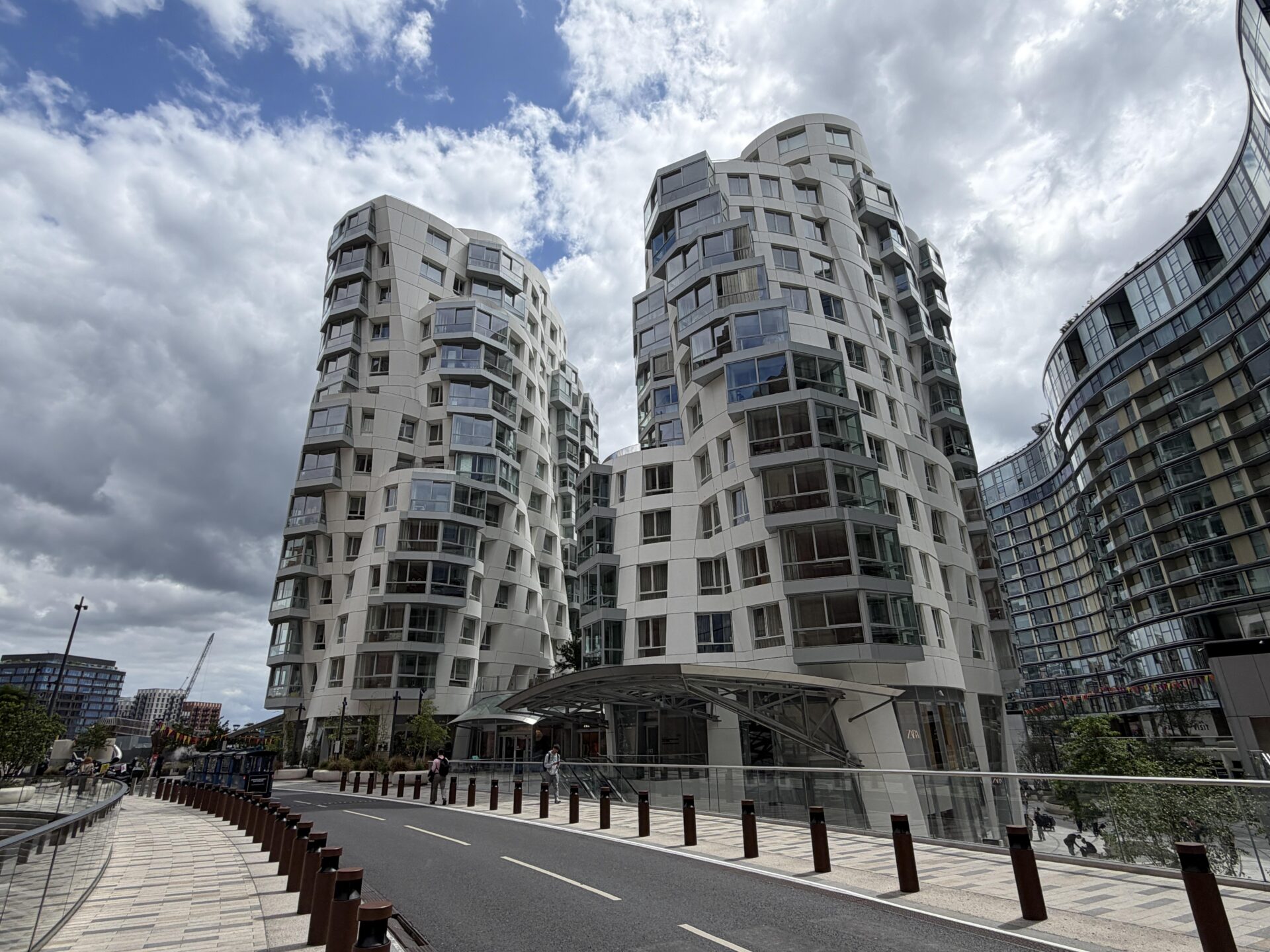 A series of modern looking high rise residential buildings at Nine Elms in London