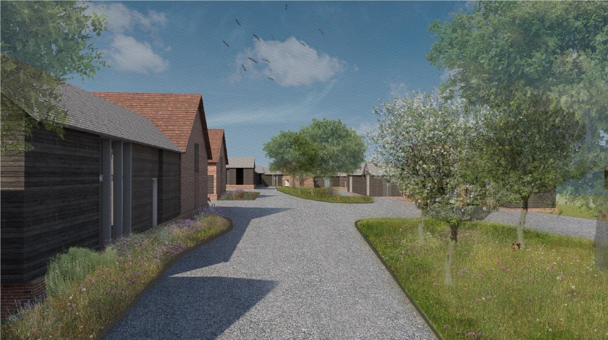 Artist's impression of a housing development with homes lining the left hand side next to a wide footpath and greenery