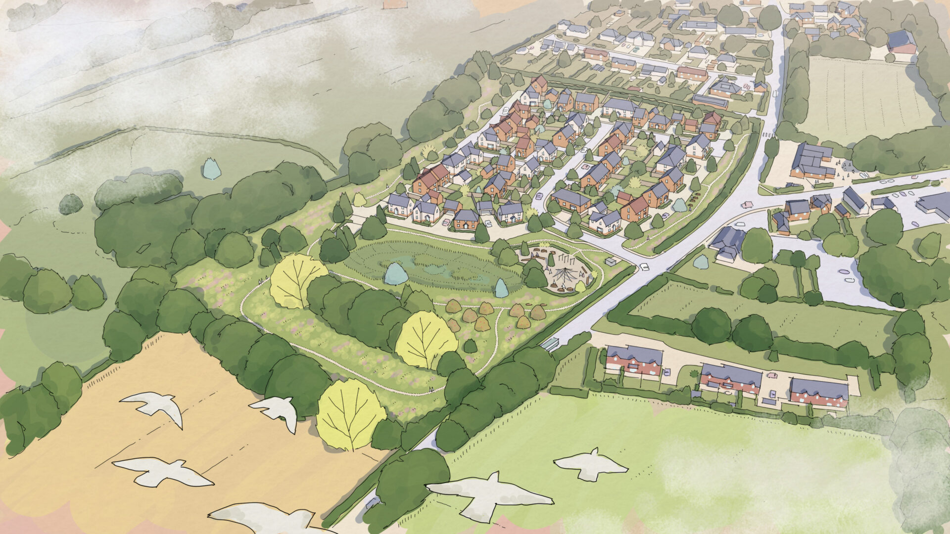 Aerial view artist's impression of a housing development surrounded by green fields