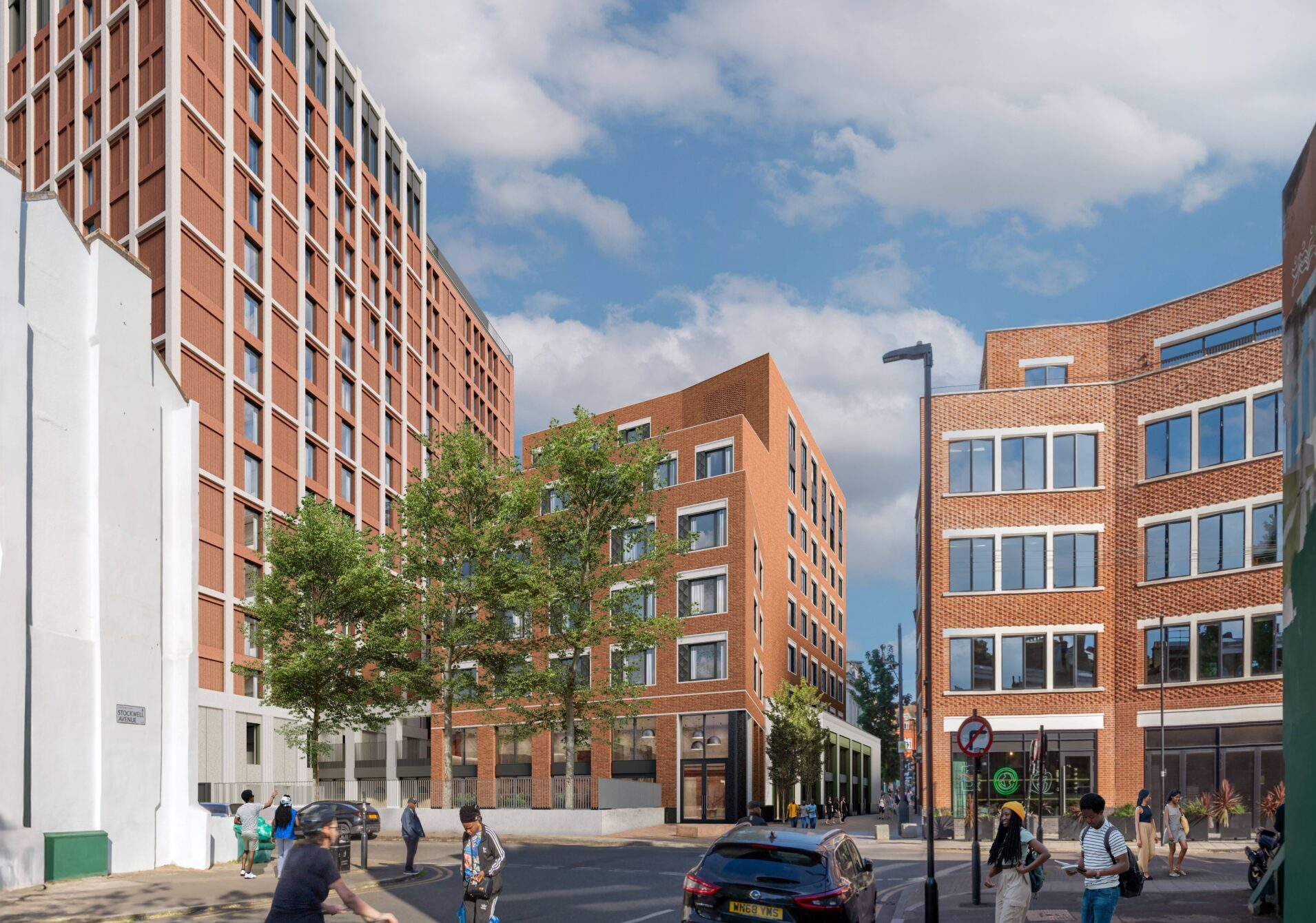 CGI image showing brick buildings of varying heights with a road in front