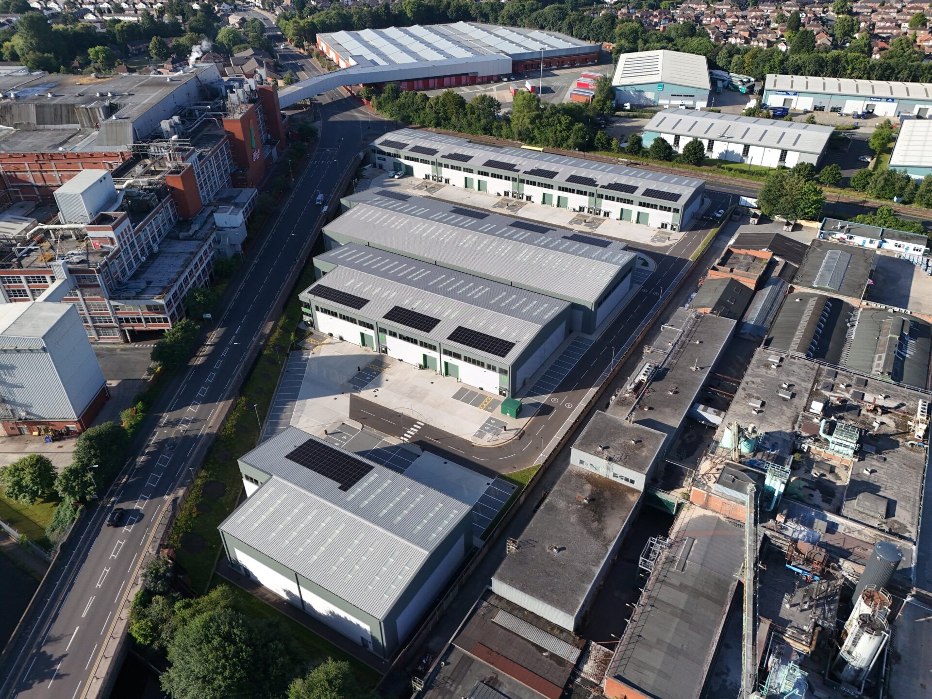 Aerial view of an industrial and logistics development featuring a number of different sized units