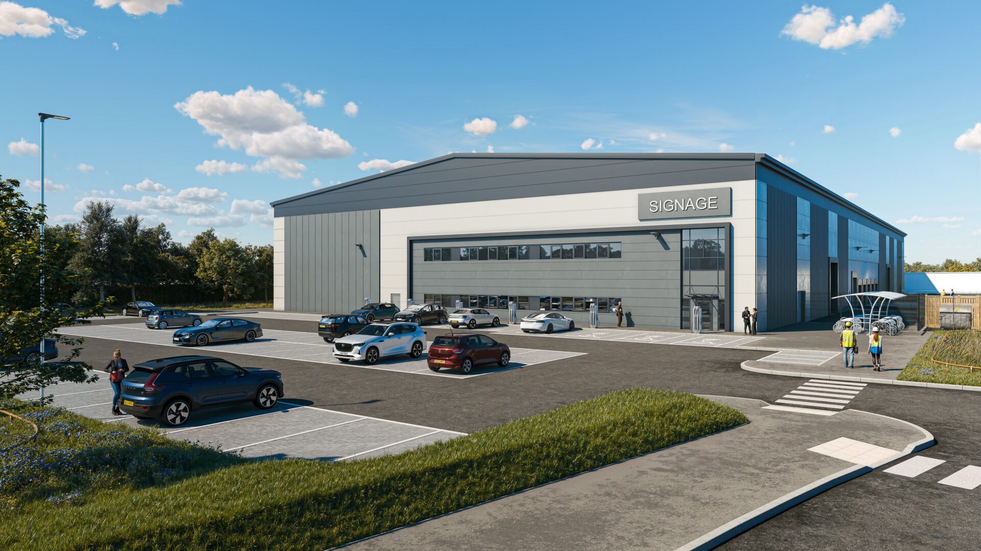 CGI of a modern industrial building with car parking in front