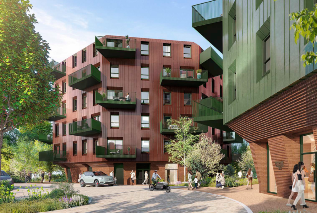 CGI image of brick built residential buildings featuring green cladding and balconies