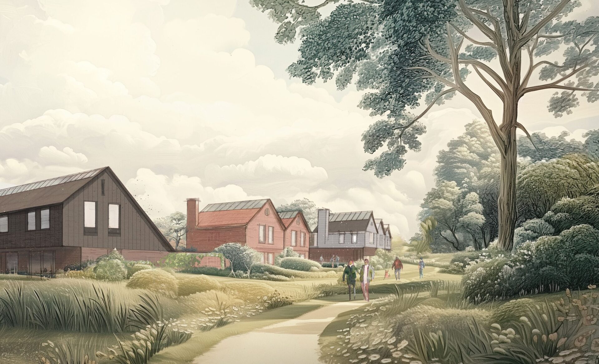 Artist's impression of a residential development with houses in the background and a treelined footpath in the foreground