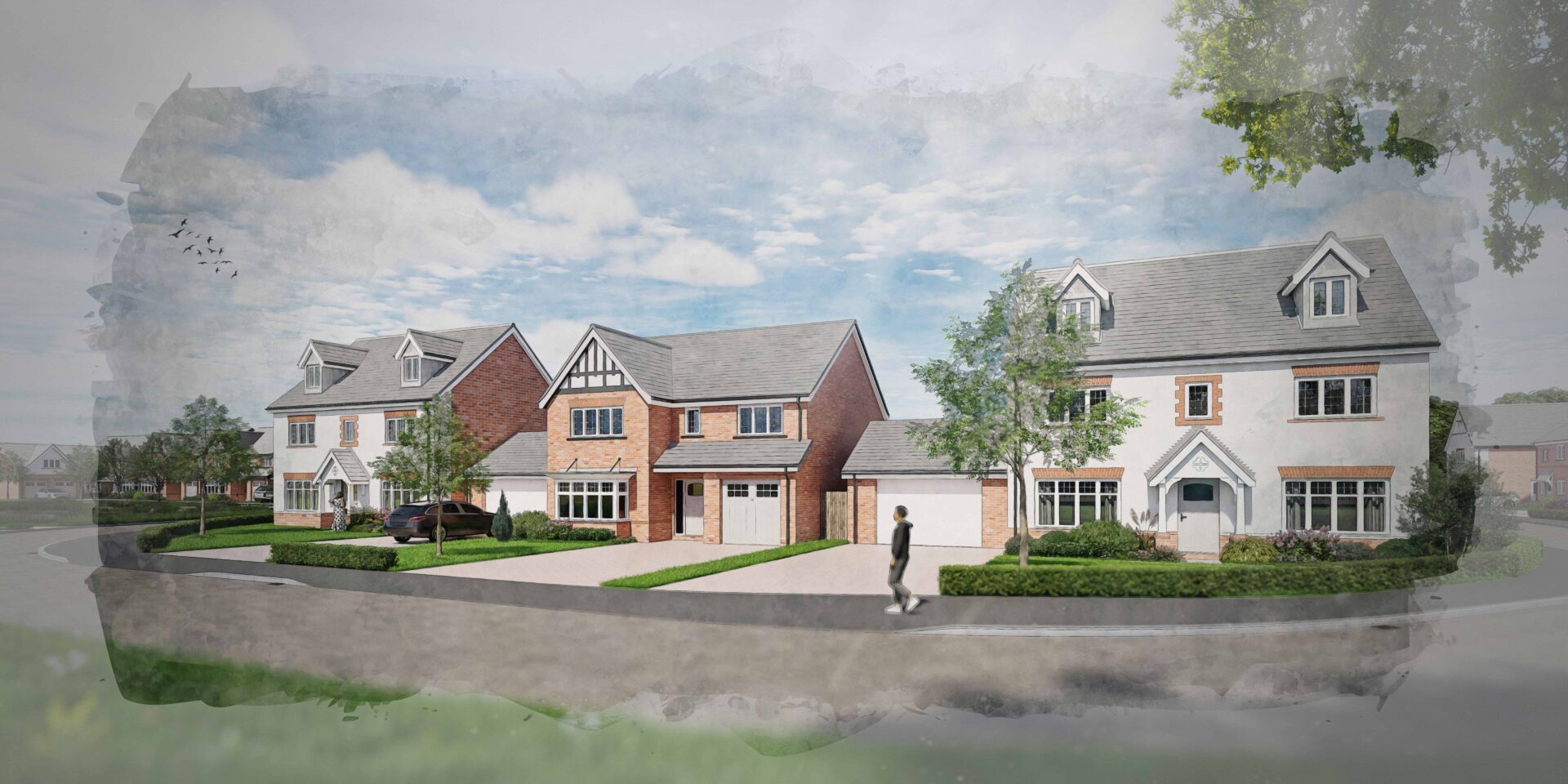 CGi image of three new houses with front gardens and a road running in front