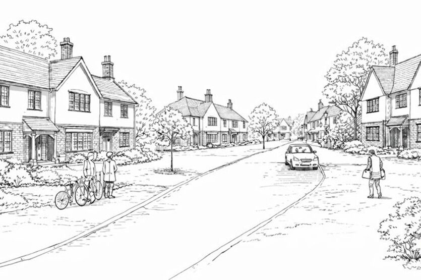 Outline sketch of a housing development with a large road running through the middle of it