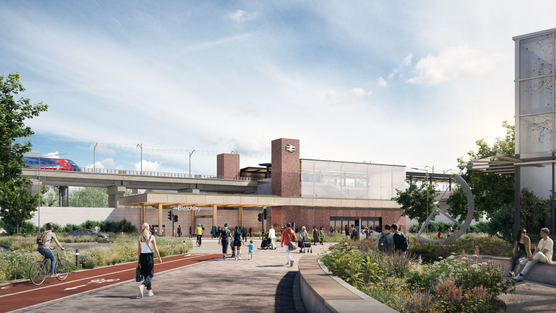 CGI of a new train station at Bletchley with public realm in the foreground