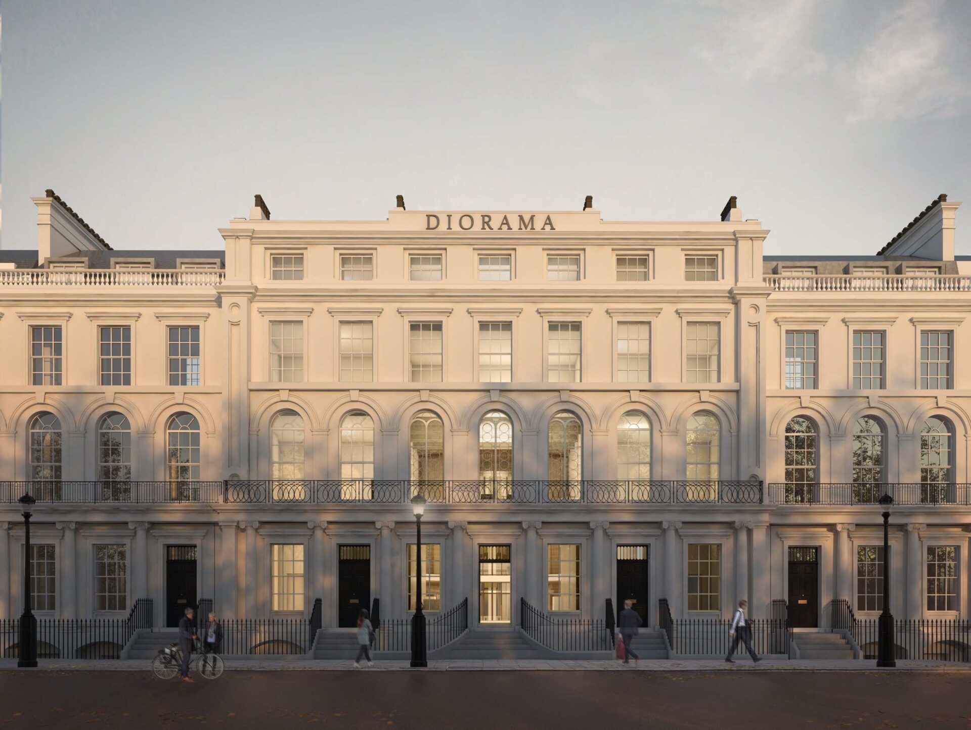 CGI image of an historic stone diorama building with period features