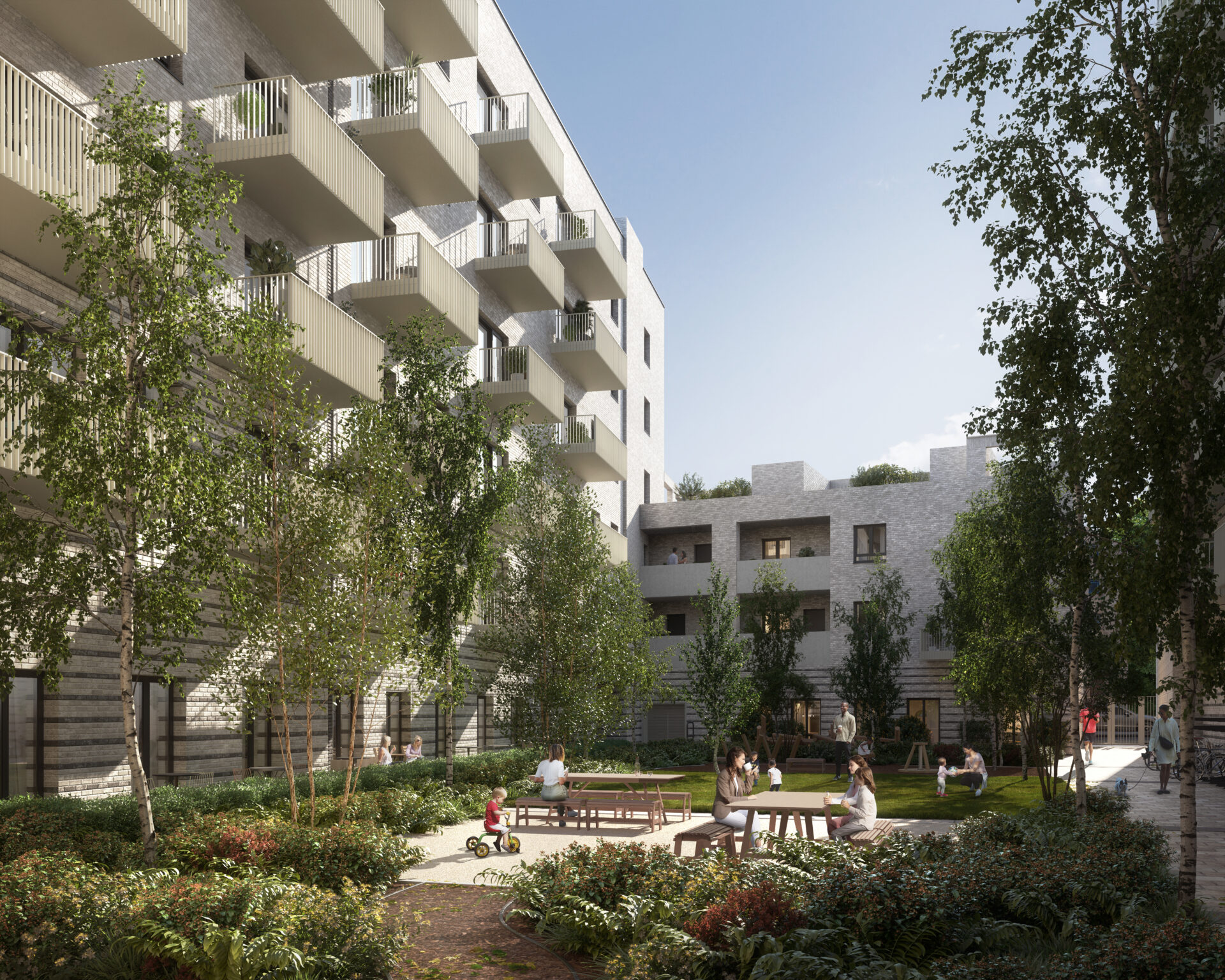 CGI image of a series of residential buildings with green planting and trees