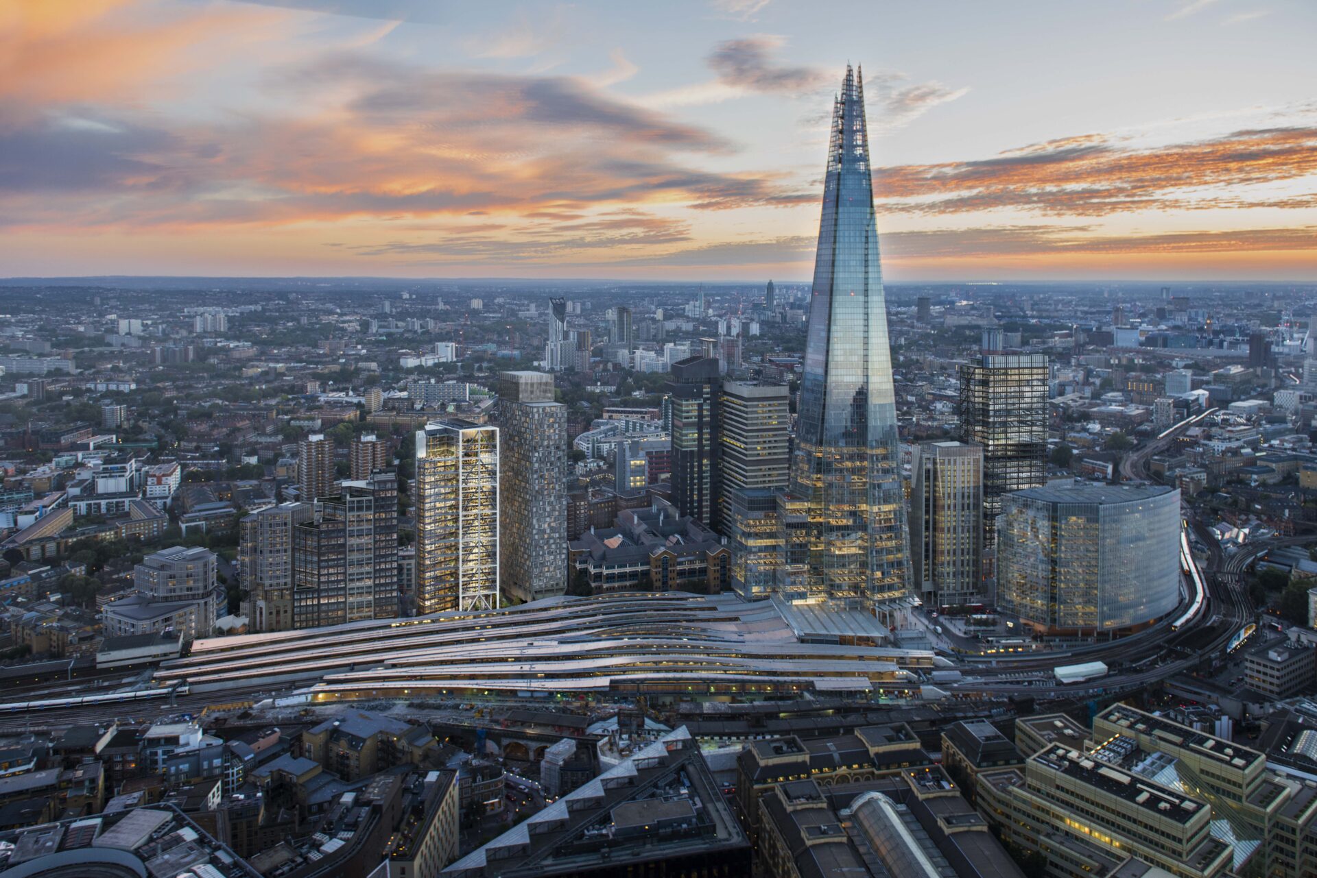 Aerial view of the London skyline and the area surrounding London Bridge train station with the Shard in the middle