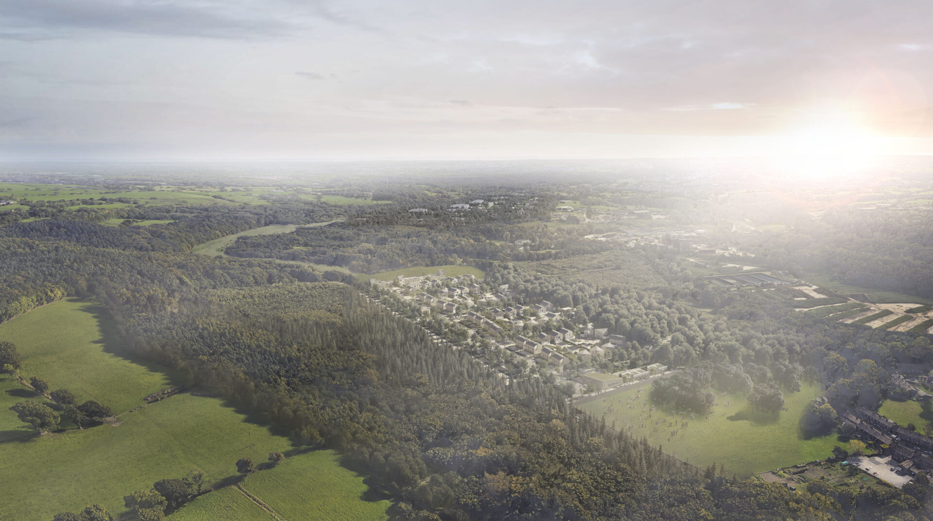 CGI aerial image of fields with a hazy skyline and a residential and industrial development in the distance
