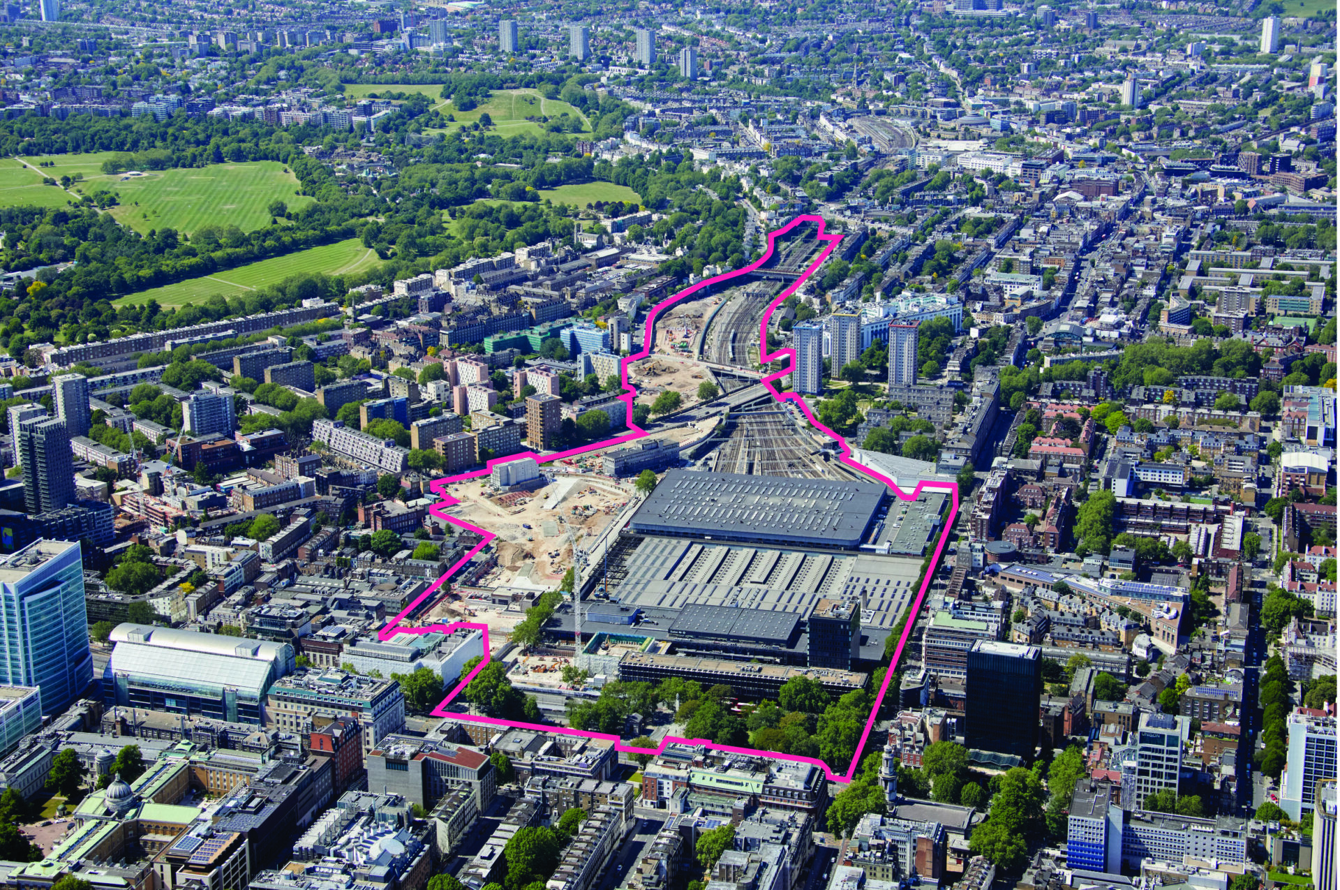 Ariel view of an area surrounding Euston train station in London with a red outline highlighting the development site