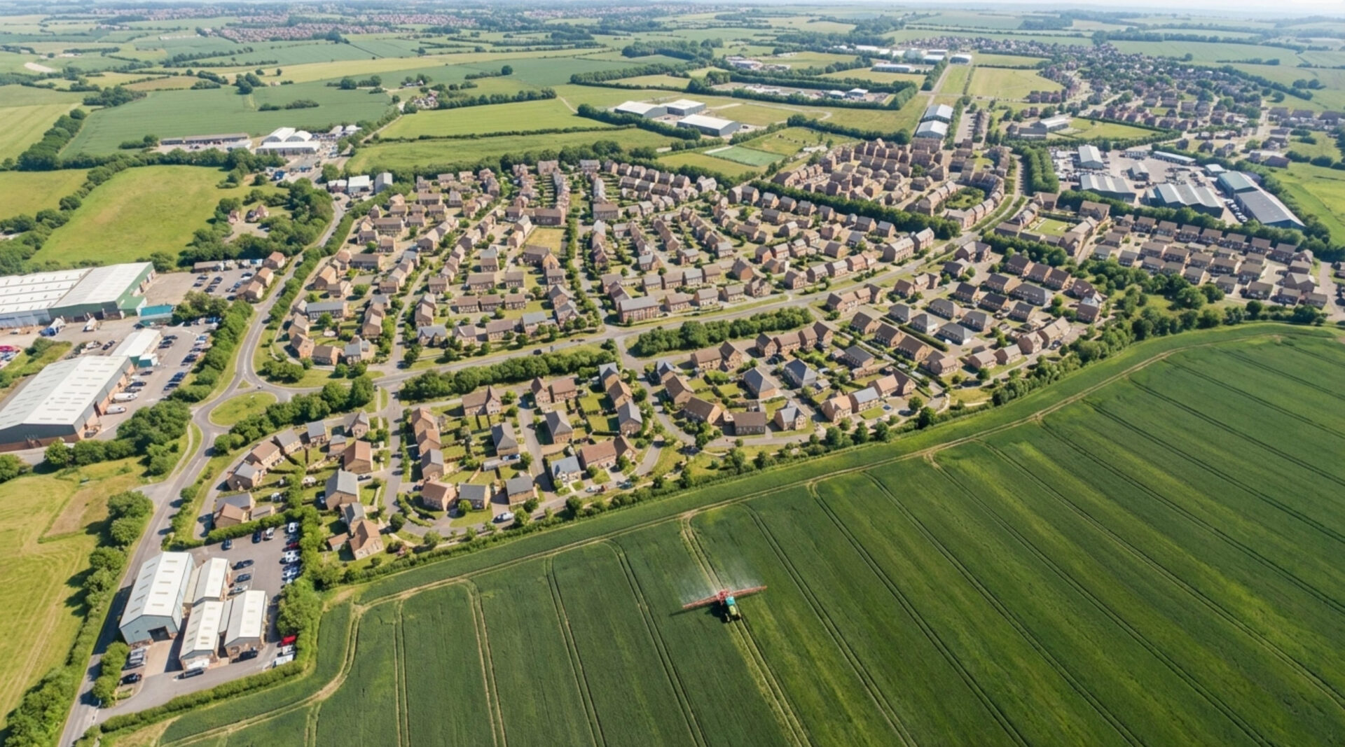 CGI aerial image showing lots of homes surrounded by green fields
