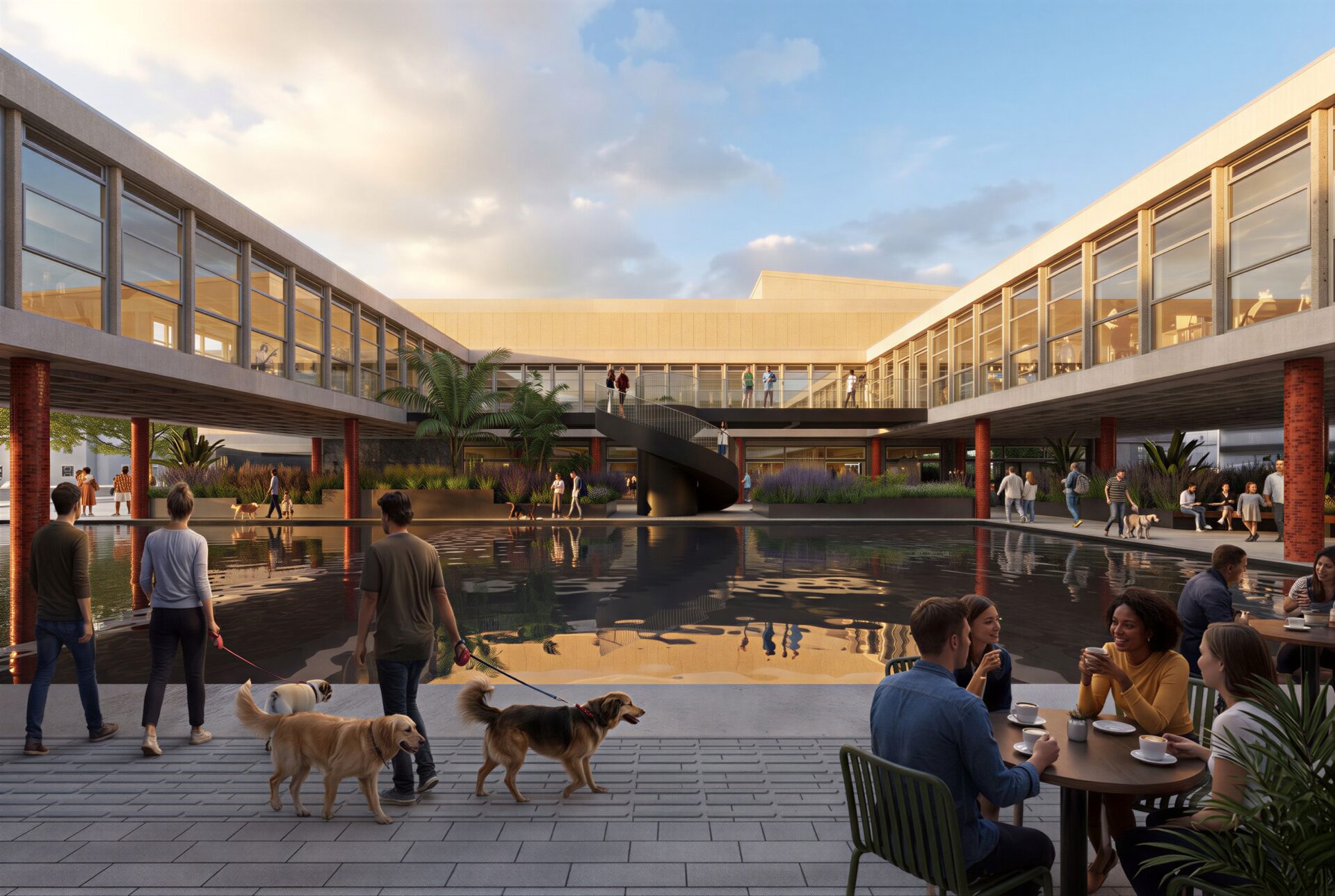 CGI of a courtyard with a pool of water in the middle and lots of people relaxing and walking dogs