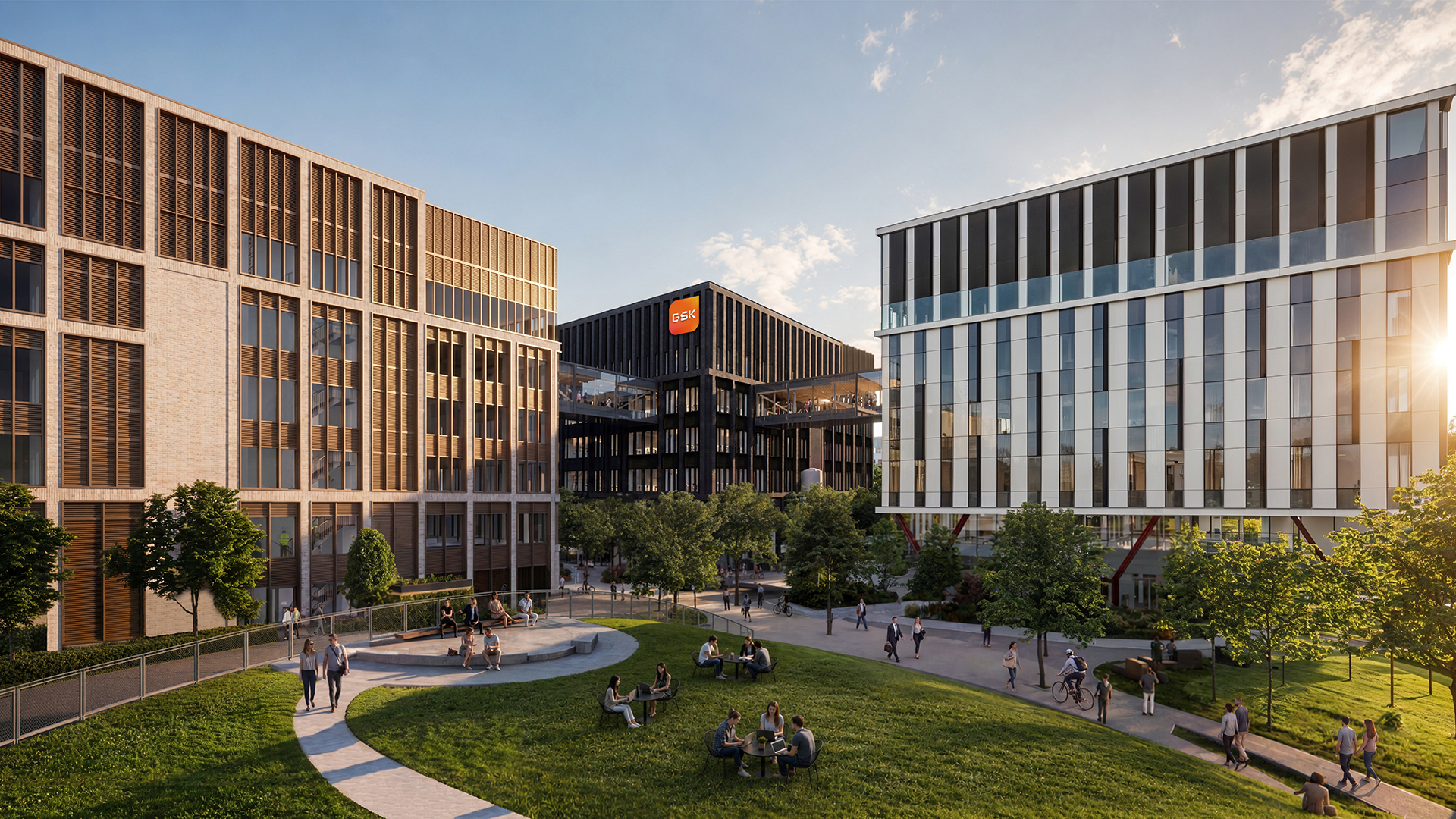 CGI of a series of inter connected modern buildings with green space in front