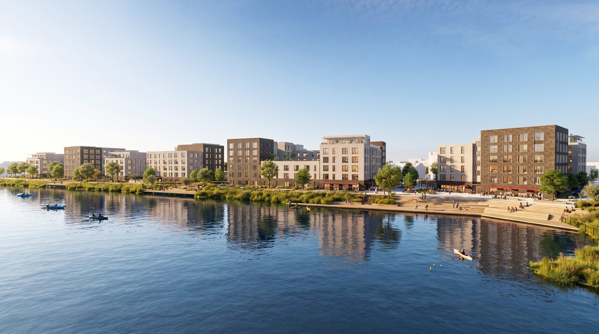 CGI of a series of residential buildings with a large pool of water in front