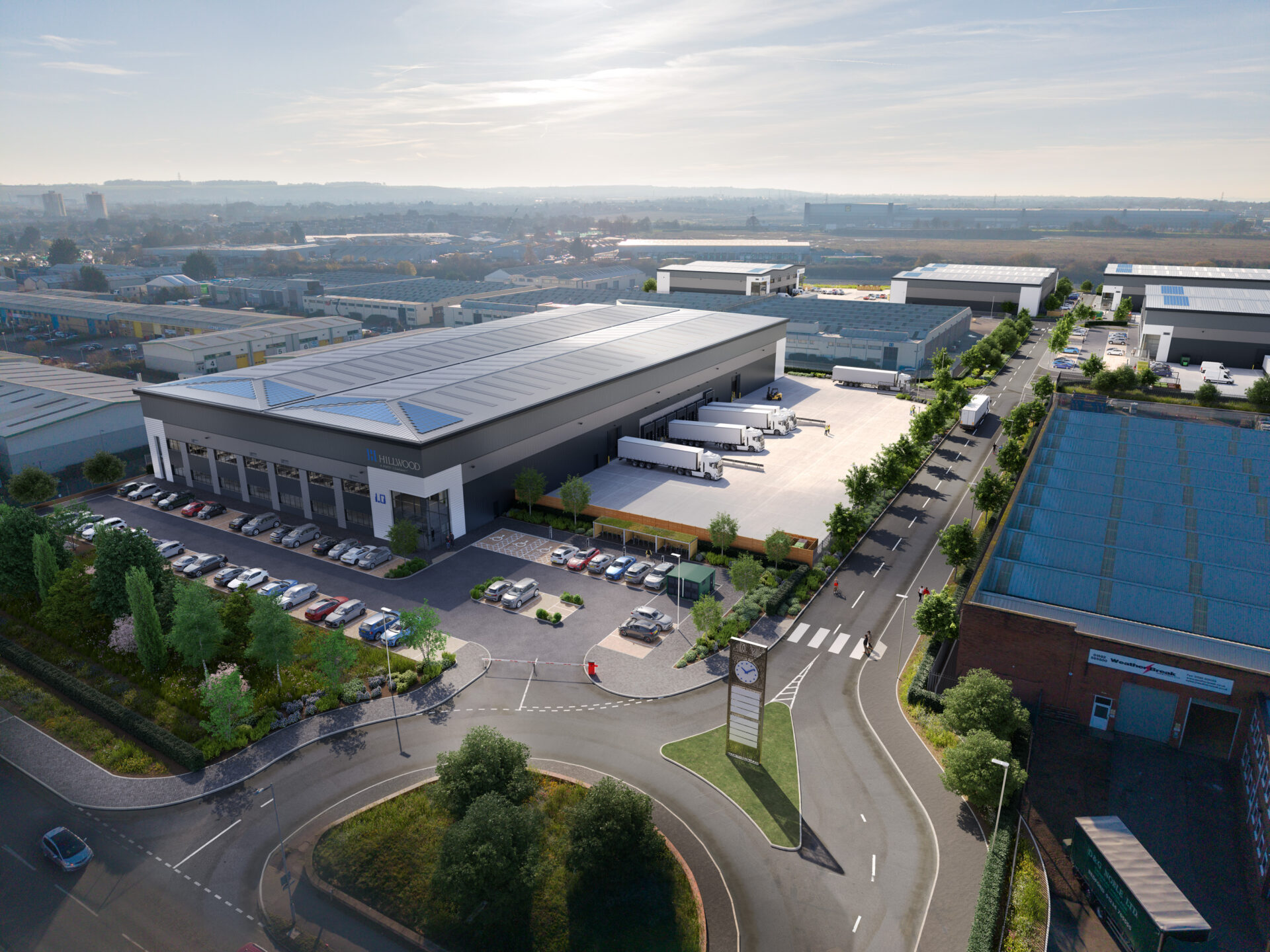 CGI of a modern industrial building