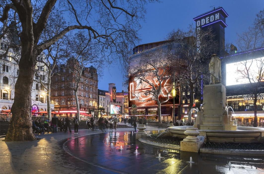 Evening view across Leicester Square to the proposed LSX visitor attraction