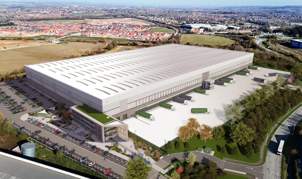 CGI aerial view of a large warehouse featuring car parking and a large yard with housing estates in the background