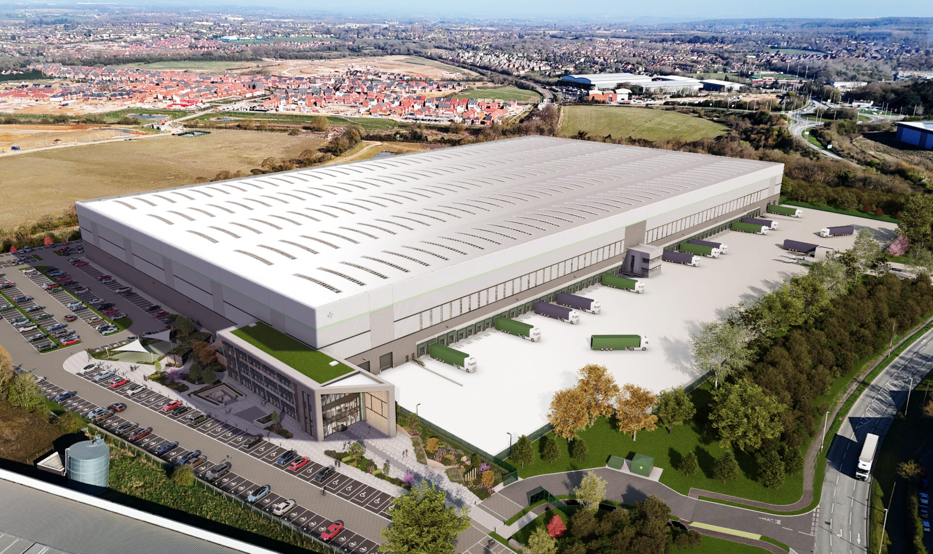CGI aerial view of a large warehouse featuring car parking and a large yard with housing estates in the background