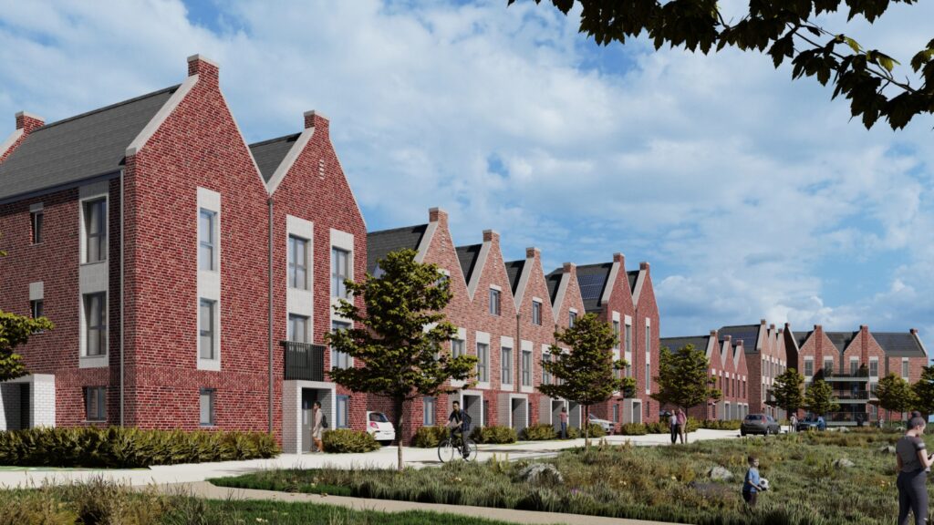 CGI image of a row of single-family brick built houses with green gardens at the front