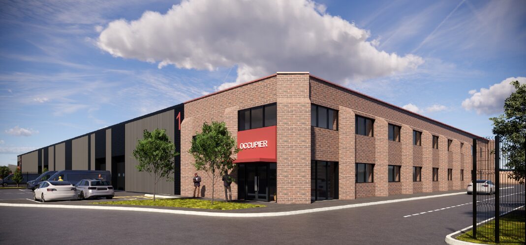 CGI of a low-rise brick built industrial building