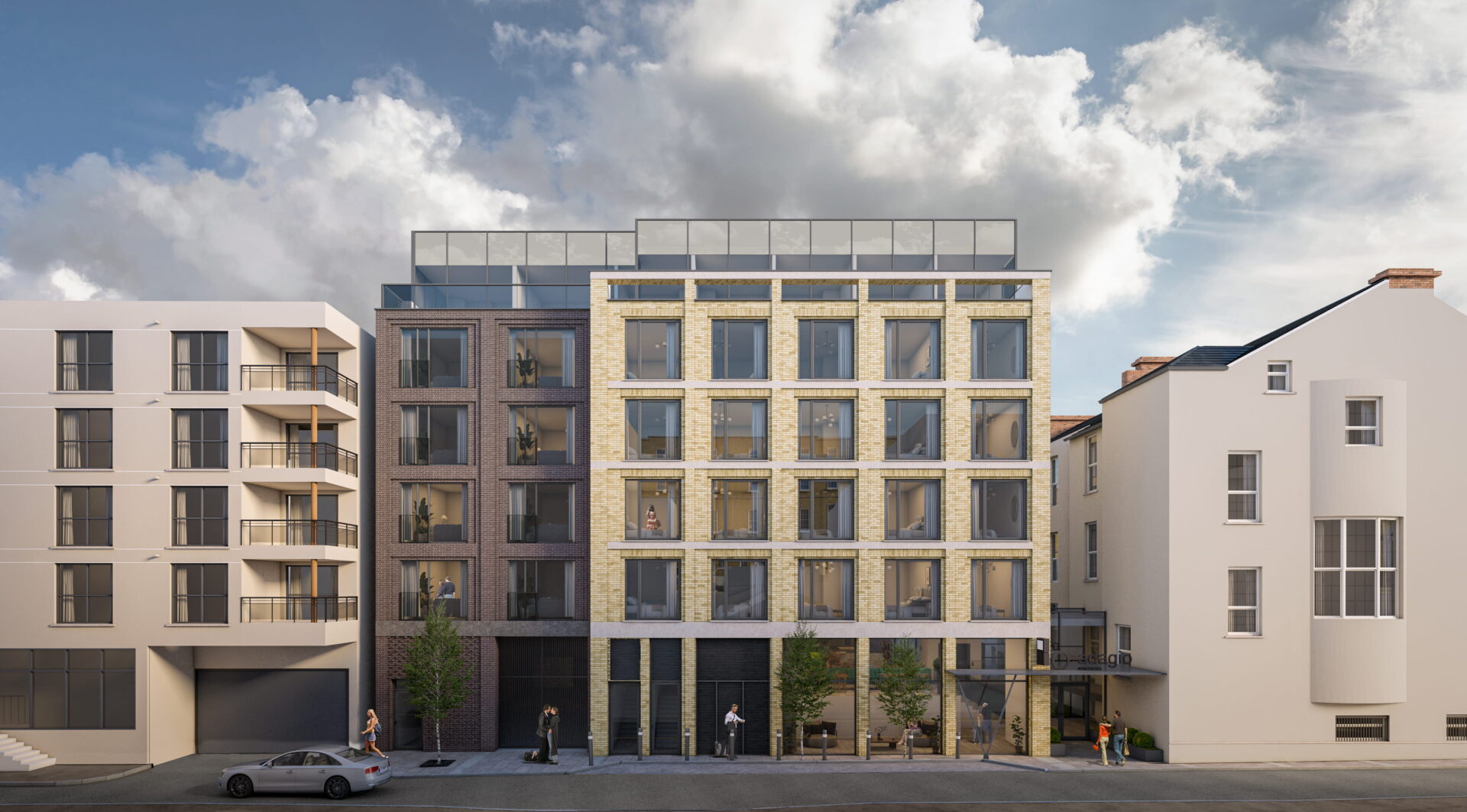CGI image of a fairly low rise modern building with a cloudy sky