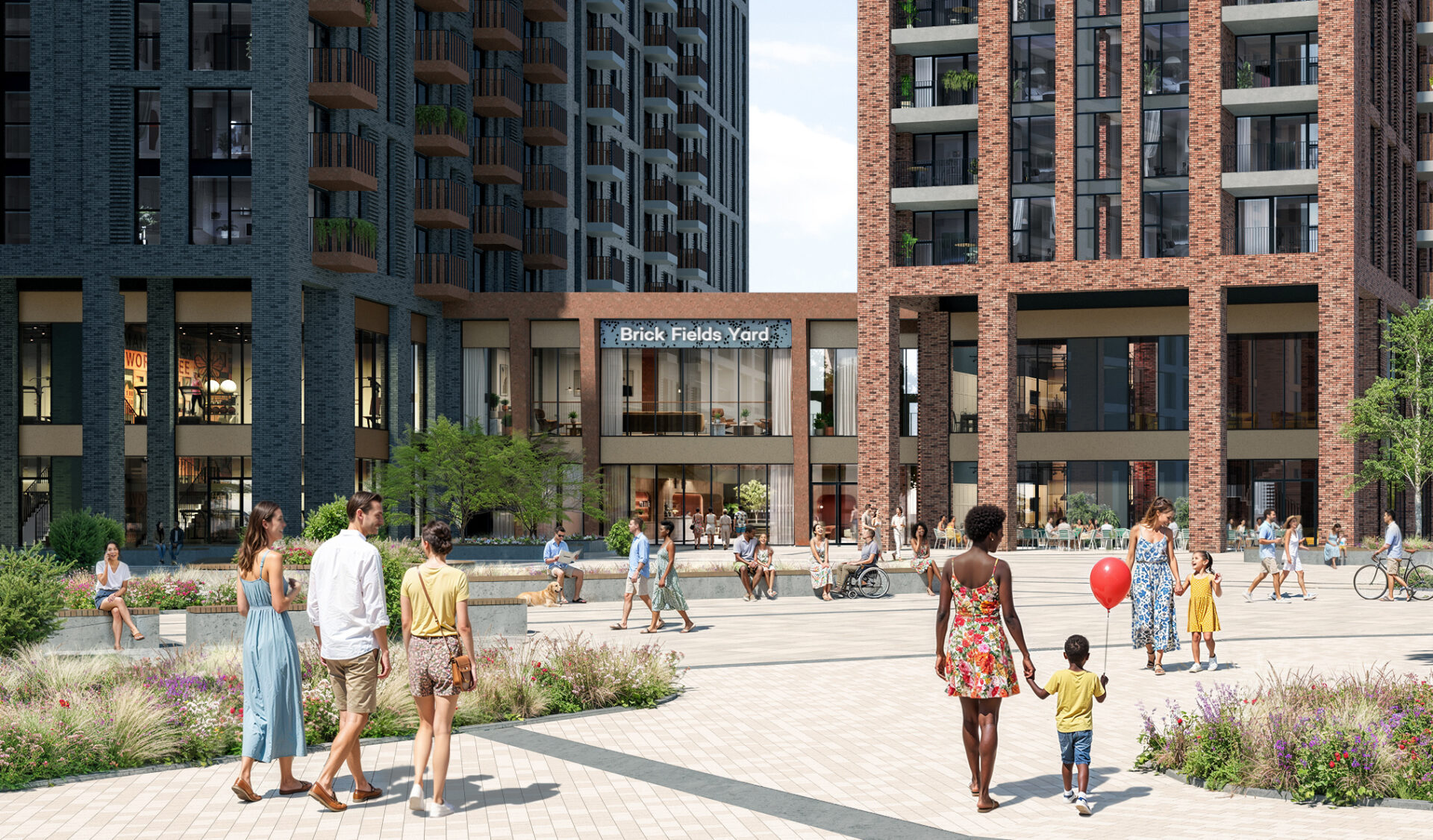 A series of different sized and coloured buildings with public realm at the front and people milling around outside