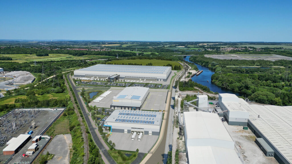 CGI aerial view of a new industrial development surrounded by other industrial buildings