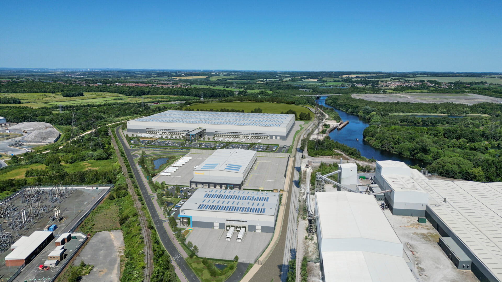 CGI aerial view of a new industrial development surrounded by other industrial buildings