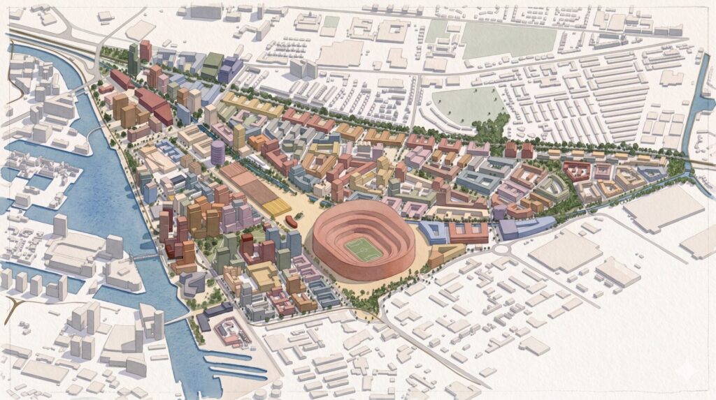 Aerial view artist's impression of a development featuring homes and a football stadium