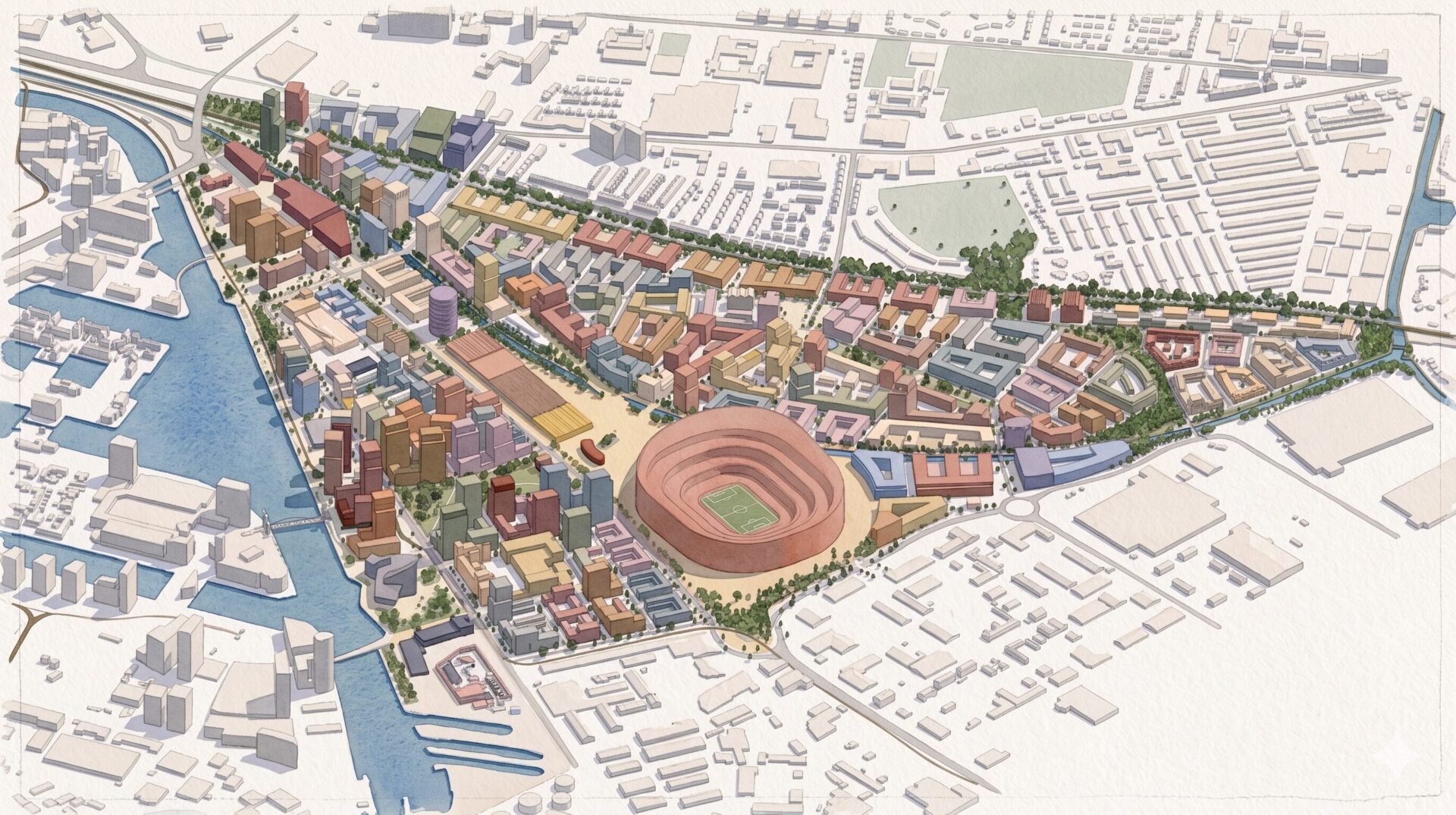 Aerial view artist's impression of a development featuring homes and a football stadium